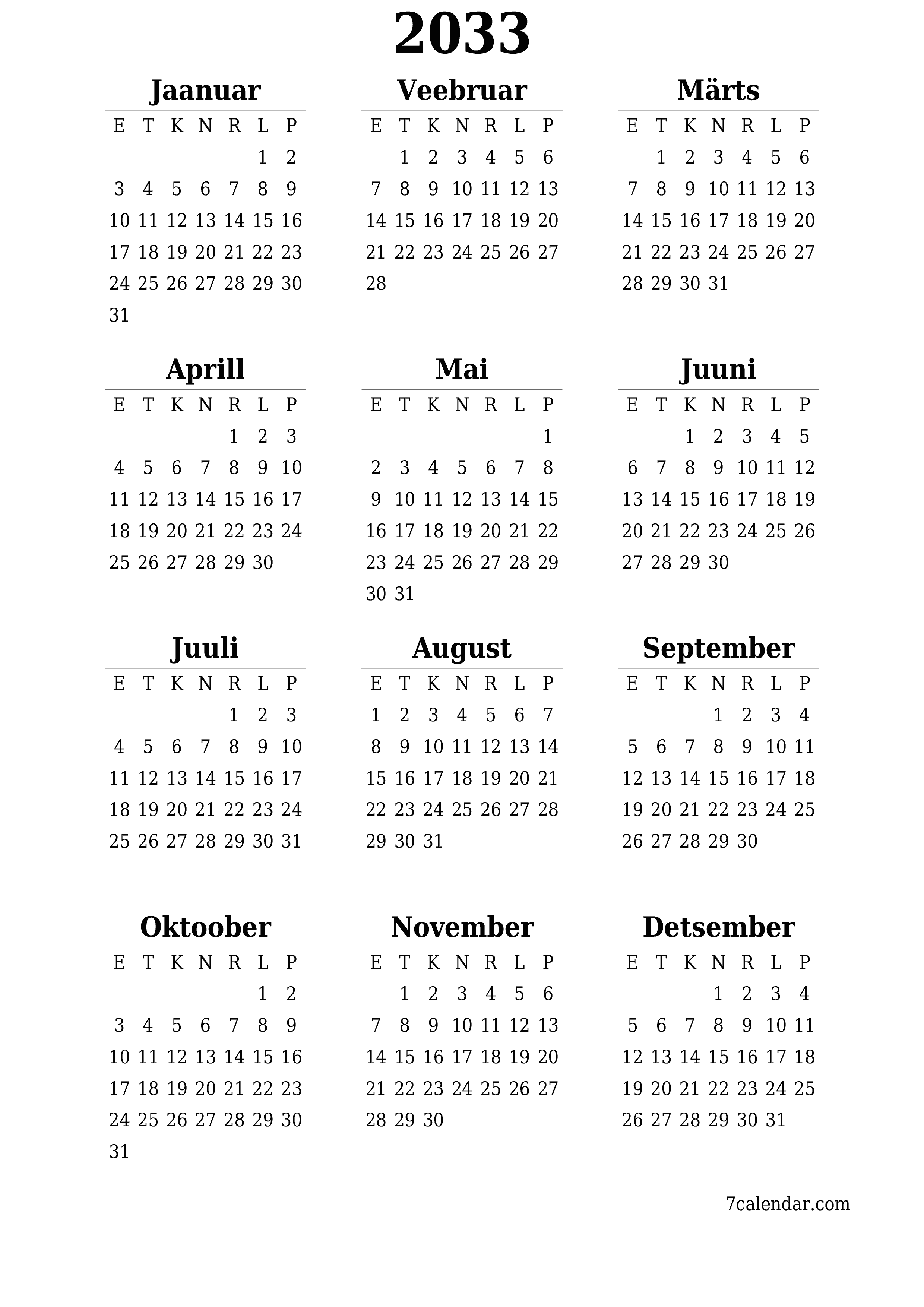 Tühi aasta planeerija kalender aastaks 2033 koos märkmetega, salvestage ja printige PDF-i PNG Estonian