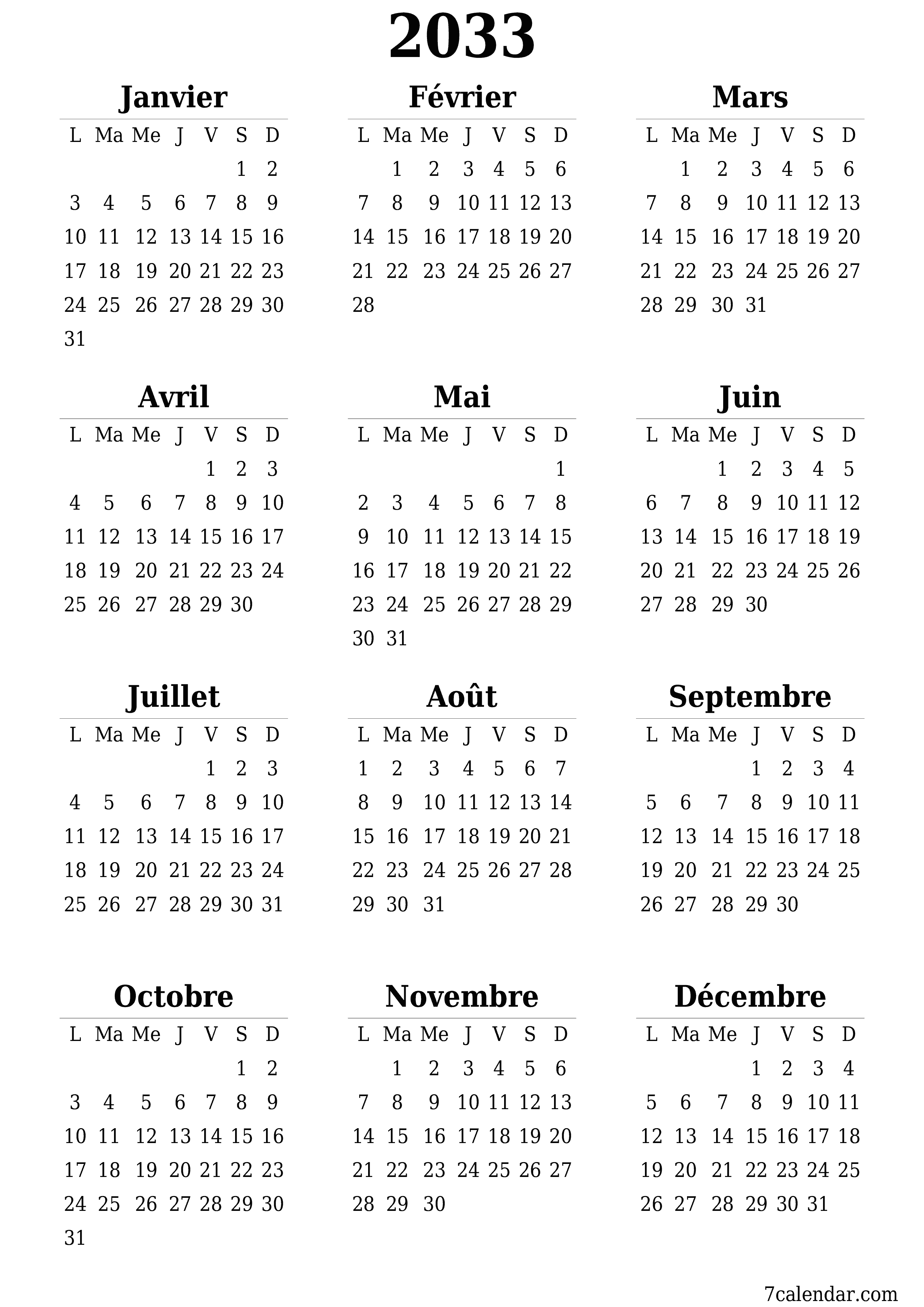  imprimable mural modèle de gratuitverticale Annuel calendrier Juin (Jui) 2033