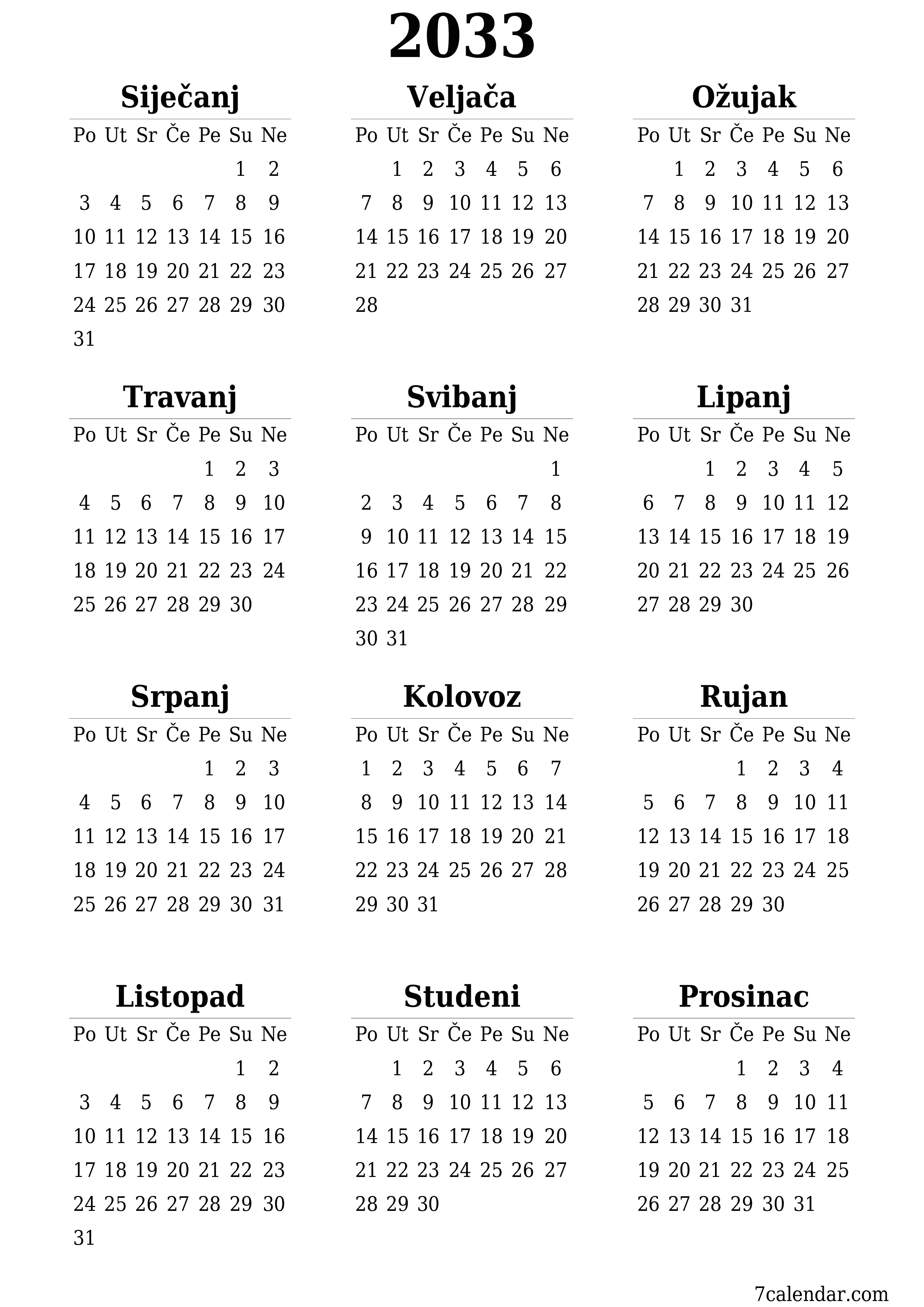 Ispraznite godišnji kalendar planera za godinu 2033 s bilješkama, spremite i ispišite u PDF PNG Croatian