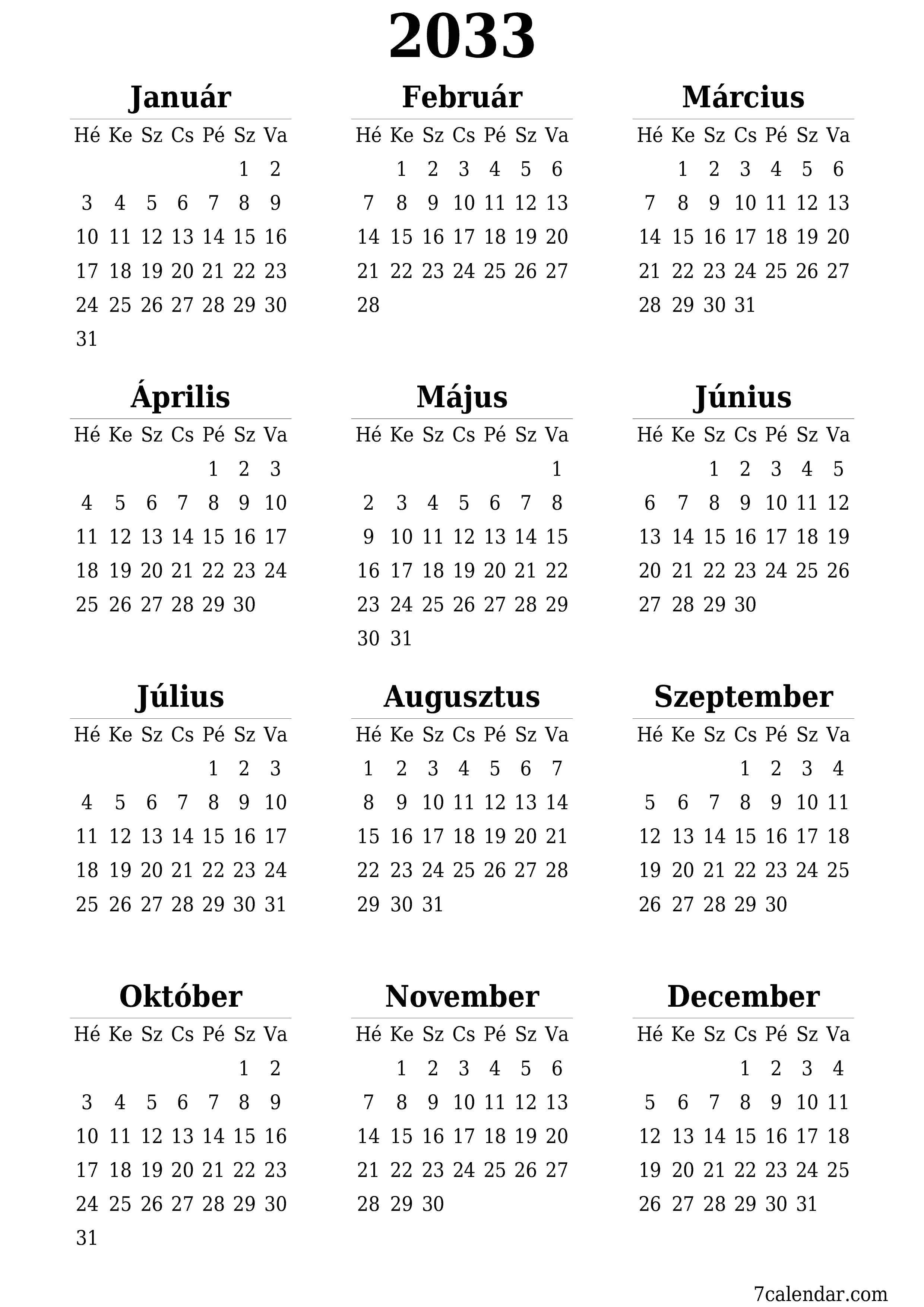 nyomtatható fali sablon ingyenes függőleges Éves naptár Június (Jún) 2033