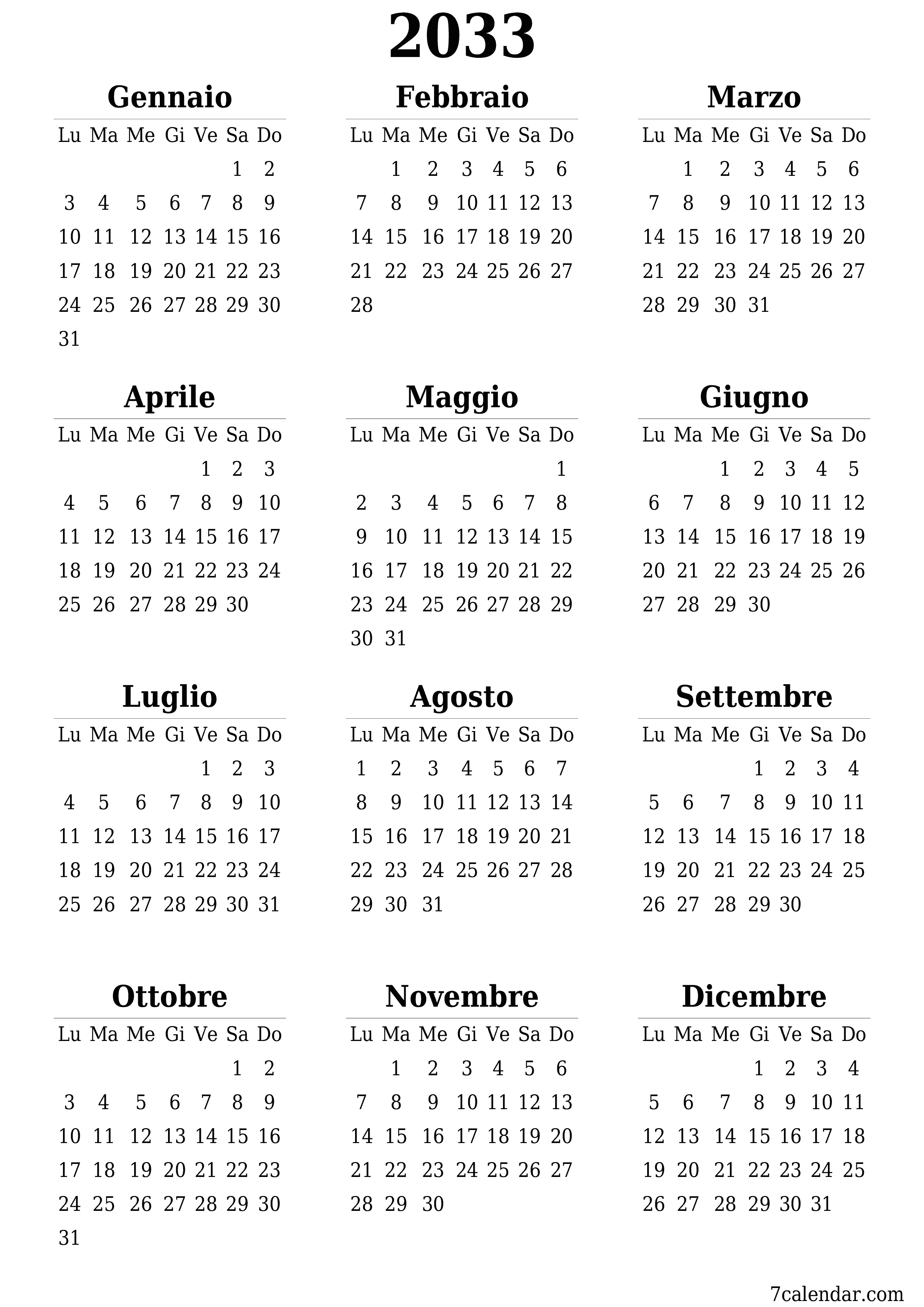  stampabile da parete modello di gratuitoverticale Annuale calendario Giugno (Giu) 2033
