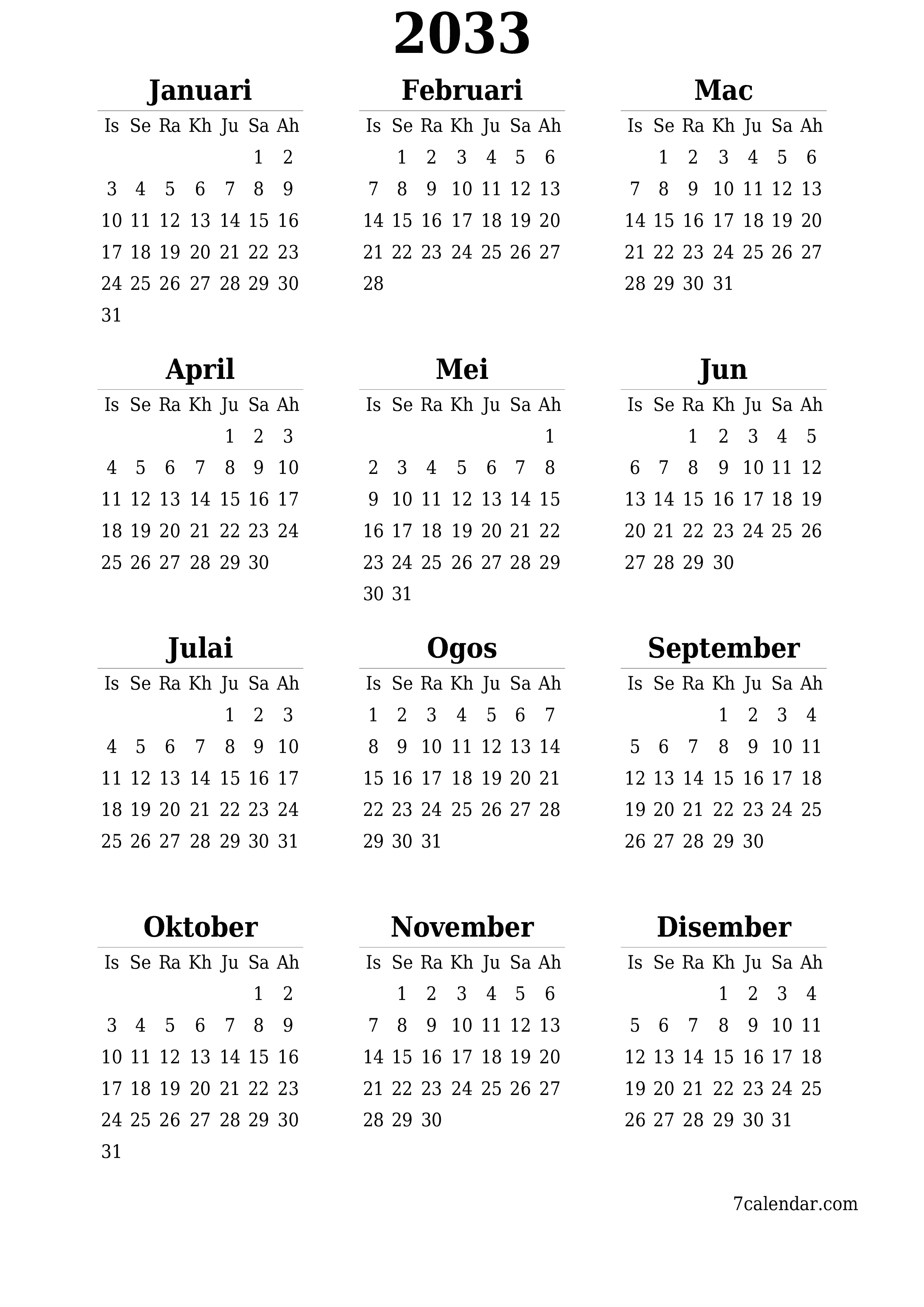  boleh cetak dinding templat percumamenegak Tahunan kalendar Jun (Jun) 2033