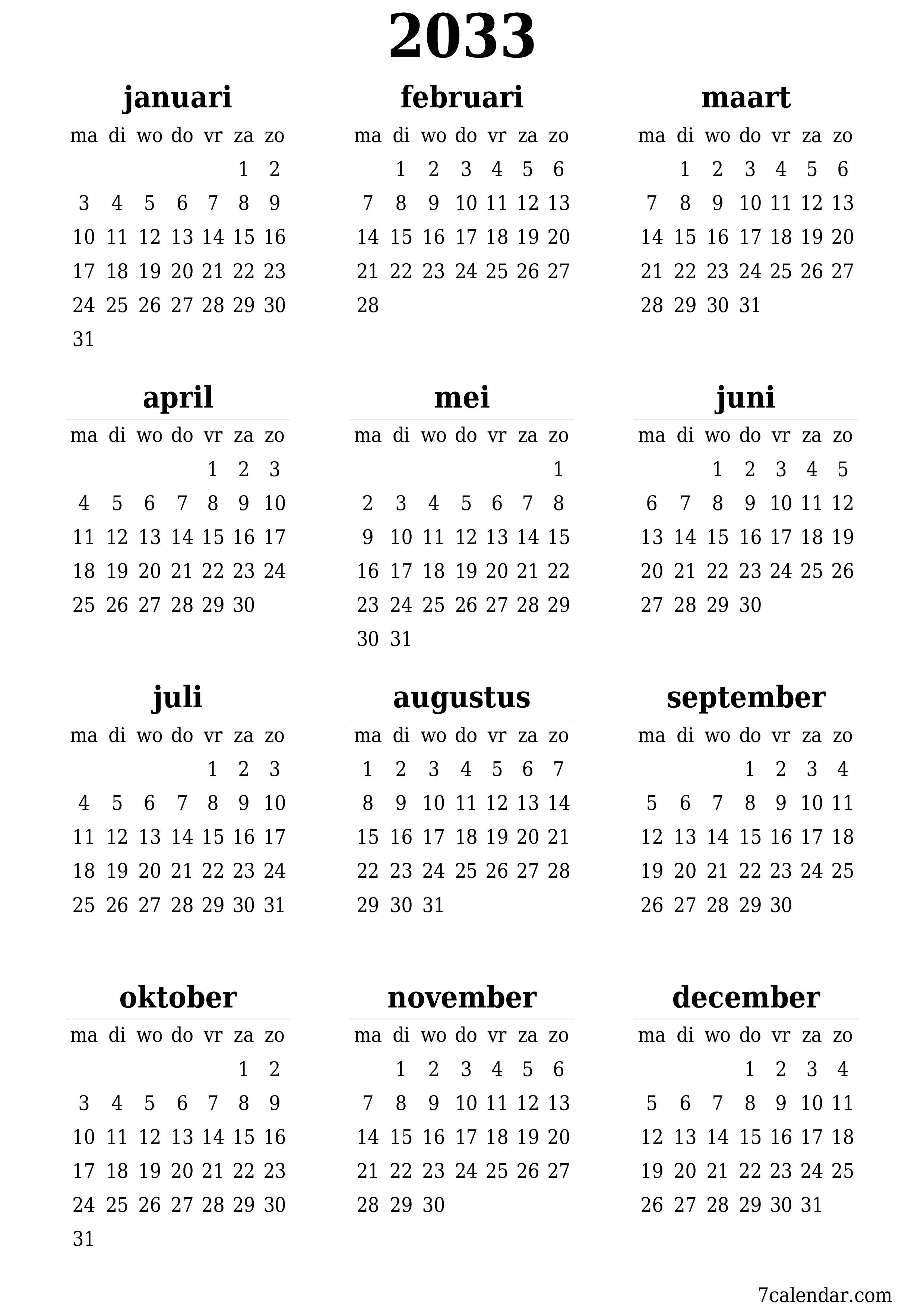 Lege jaarplanningskalender voor het jaar 2033 met notities, opslaan en afdrukken naar pdf PNG Dutch