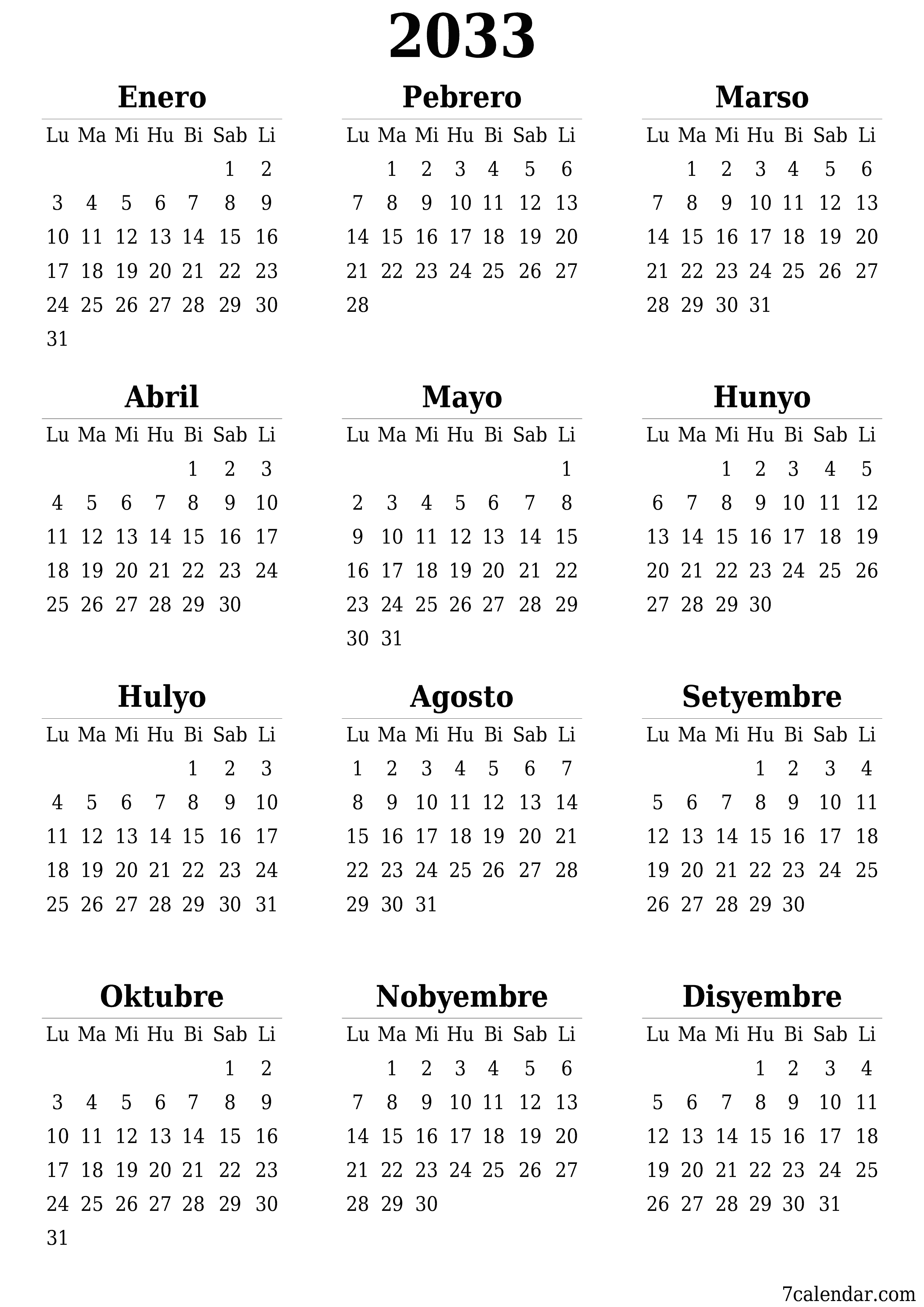 Walang laman ang taunang kalendaryo ng tagaplano para sa taong 2033 na may mga tala, i-save at i-print sa PDF PNG Filipino