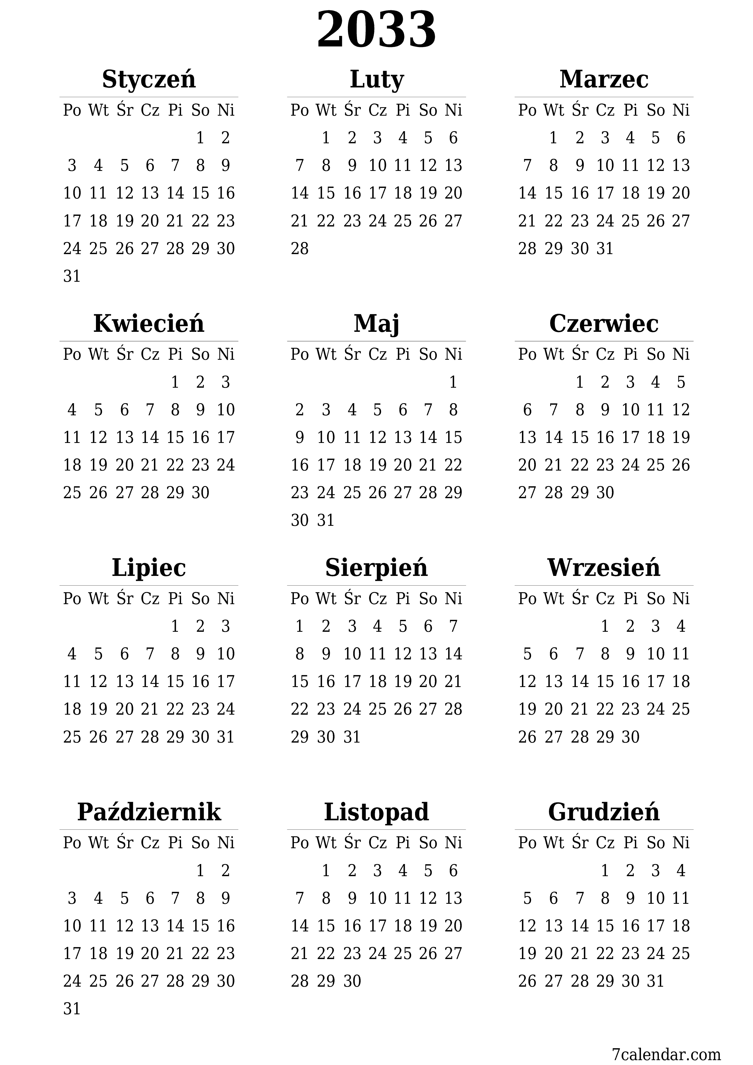  do druku ścienny szablon a darmowy pionowy Roczny kalendarz Czerwiec (Cze) 2033