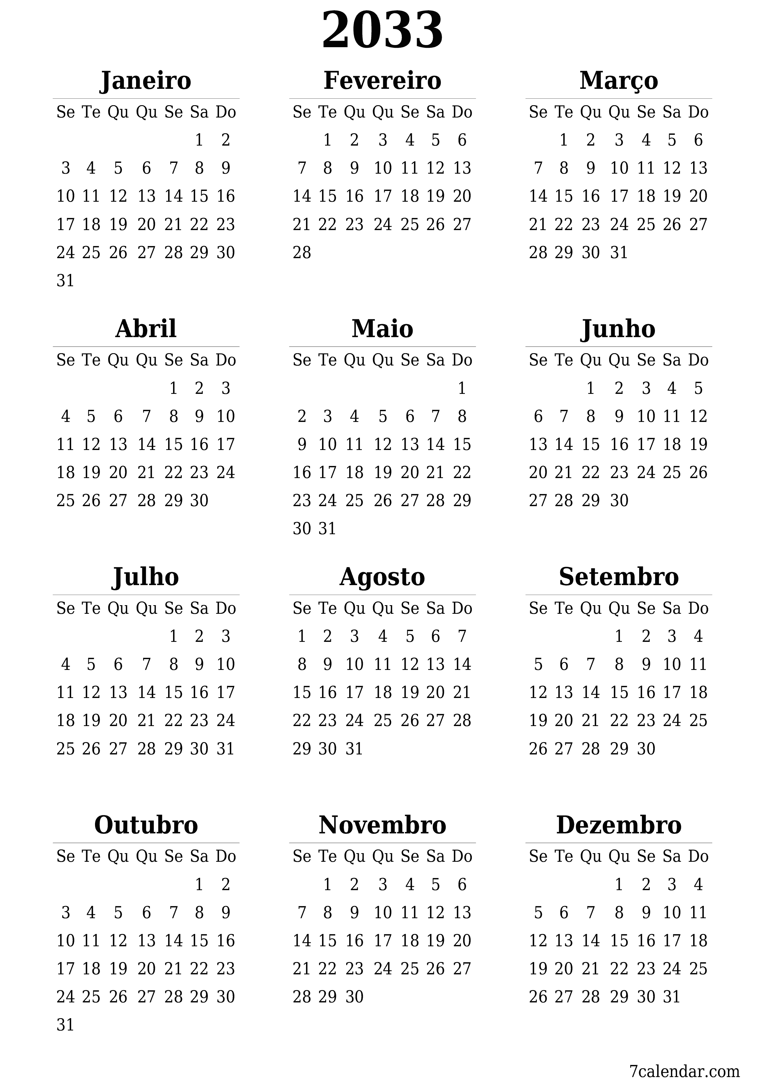  para impressão de parede modelo de grátisvertical Anualmente calendário Junho (Jun) 2033