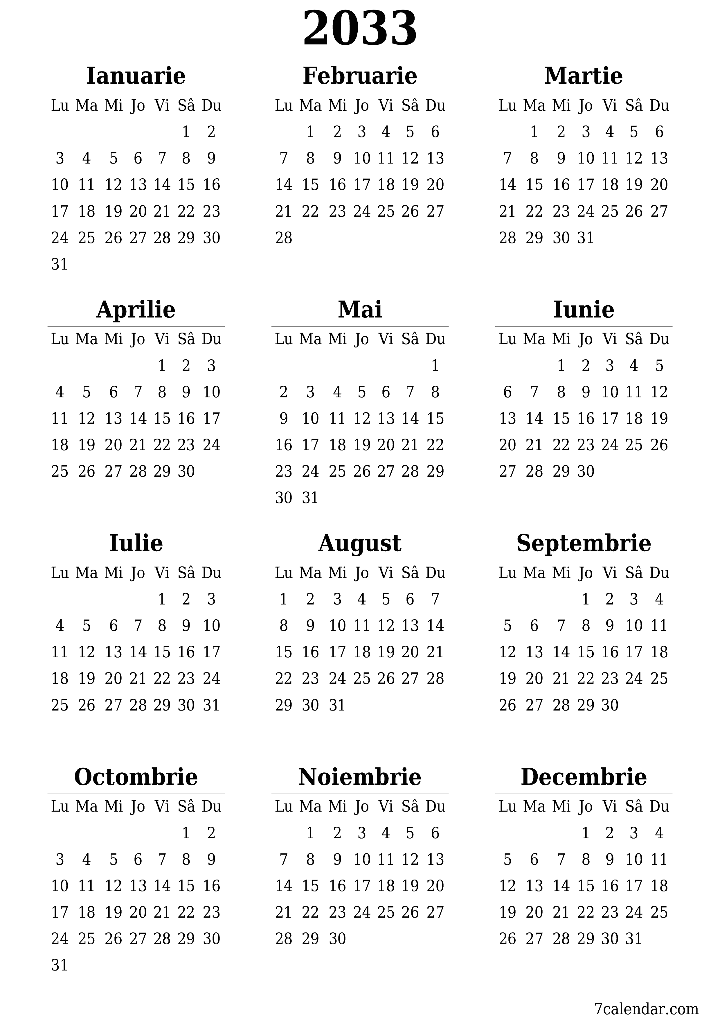 Goliți calendarul anual al planificatorului pentru anul 2033 cu note, salvați și tipăriți în PDF PNG Romanian