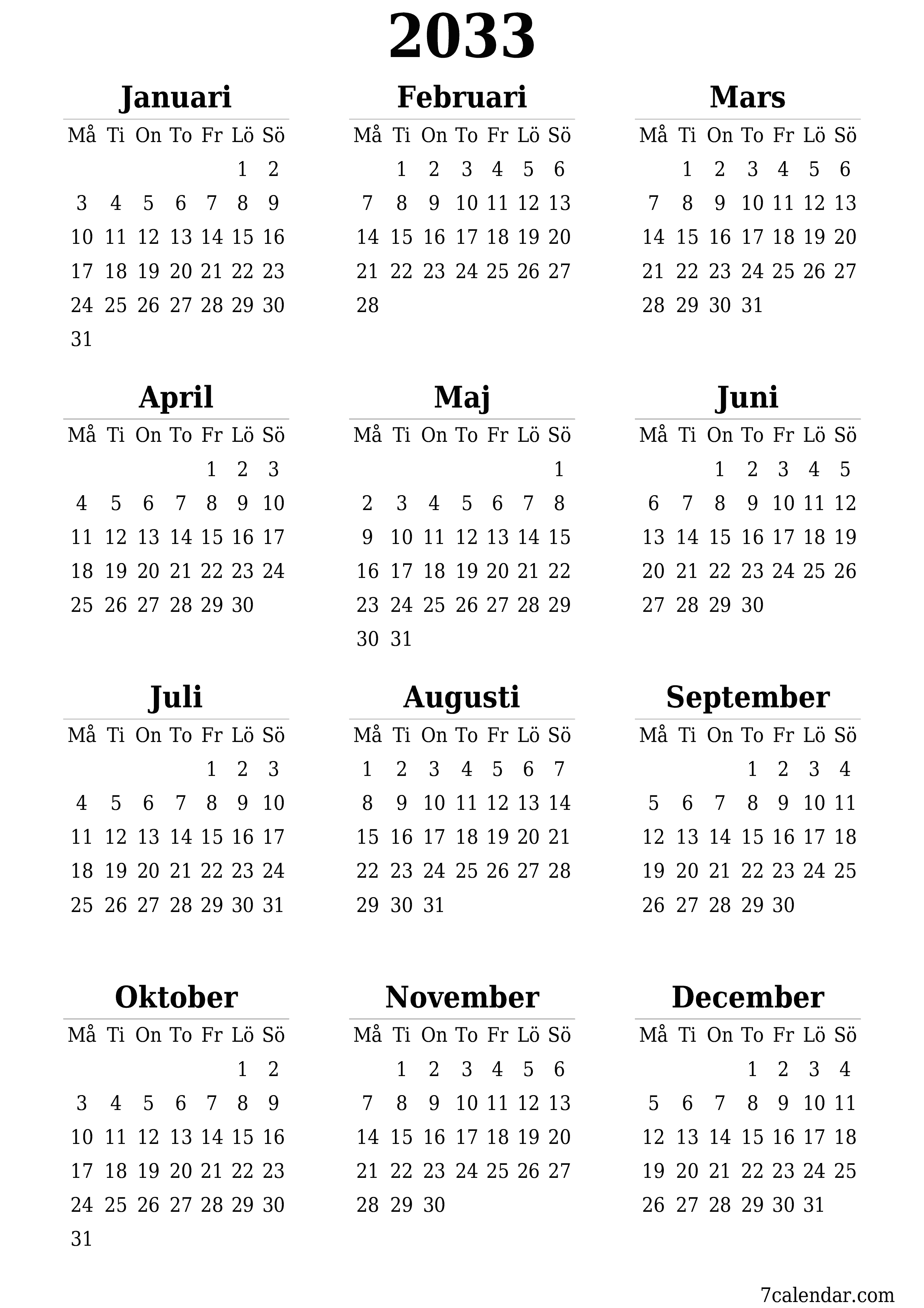 Tom årlig planeringskalender för året 2033 med anteckningar, spara och skriv ut till PDF PNG Swedish