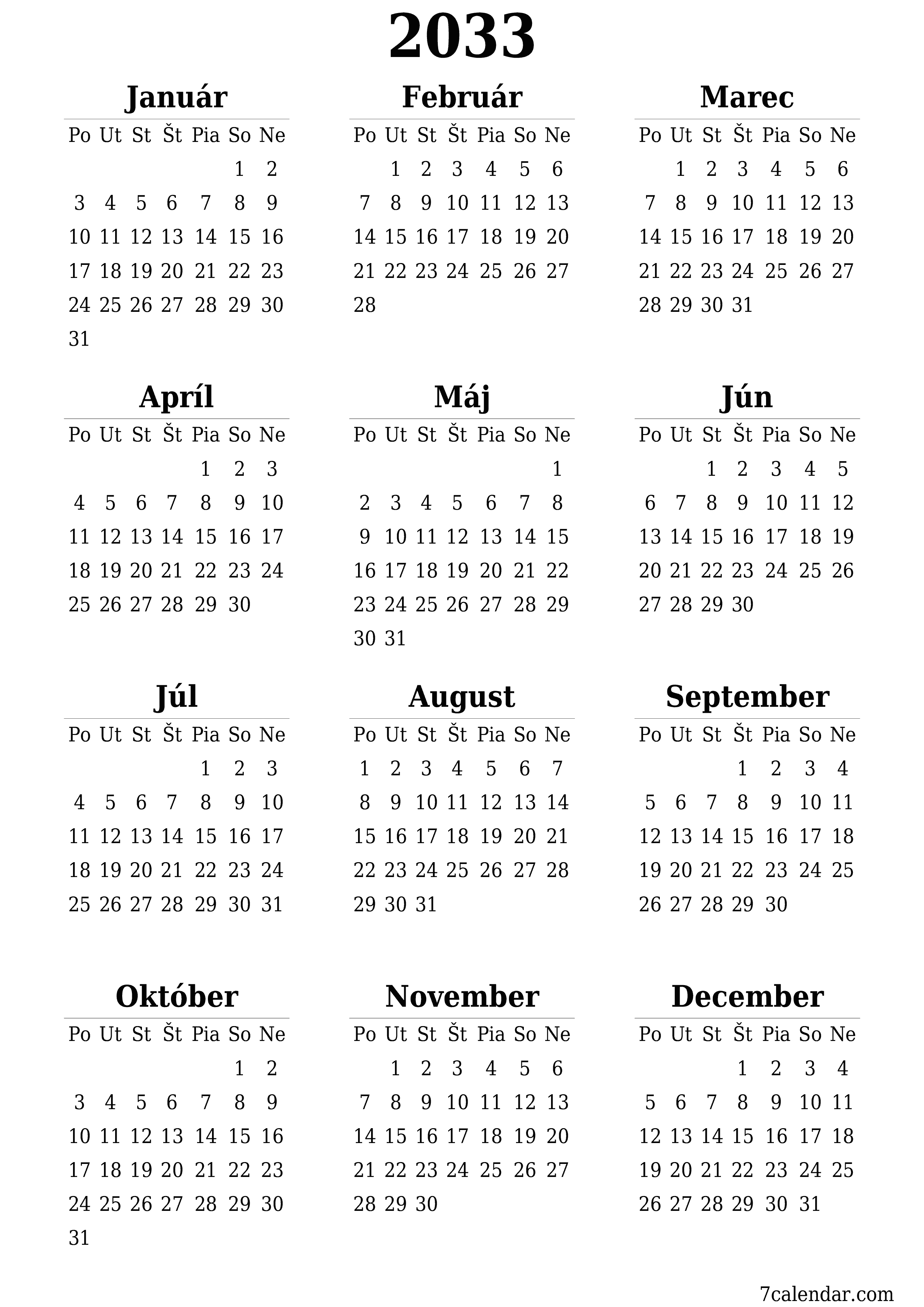 vytlačiteľný nástenný šablóna a bezplatný вертикальный Ročne kalendár Jún (Jún) 2033