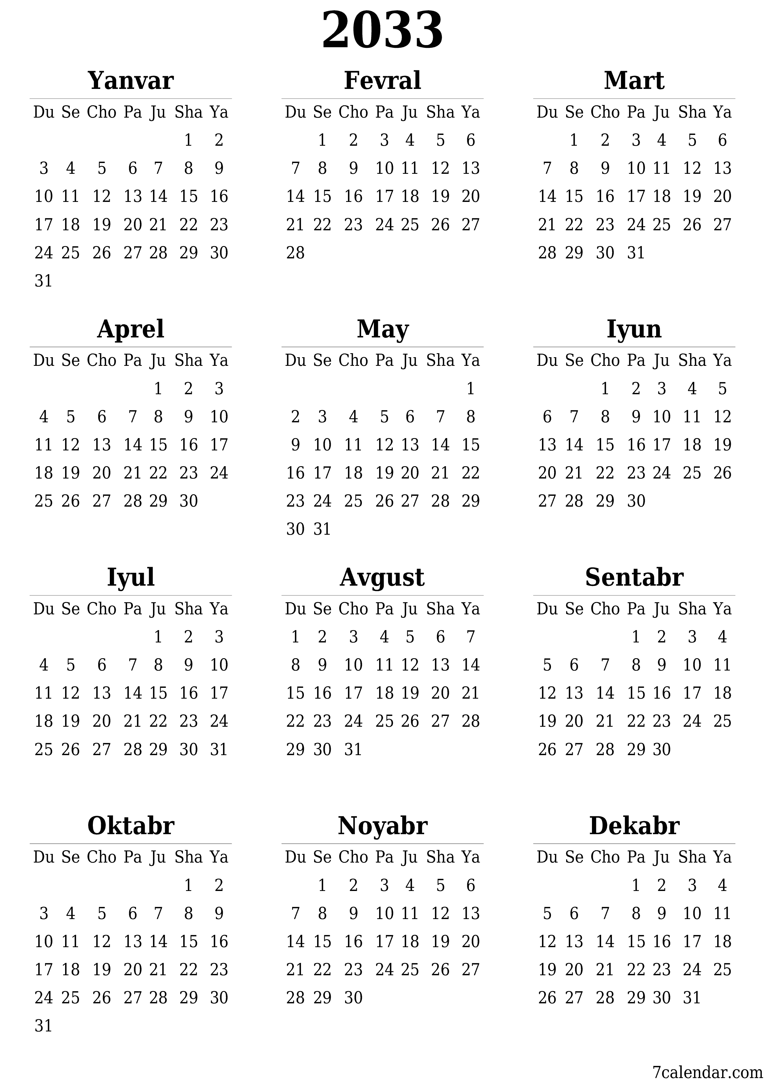 chop etiladigan devor taqvimi shabloni bepul vertikal Yillik kalendar Iyun (Iyun) 2033