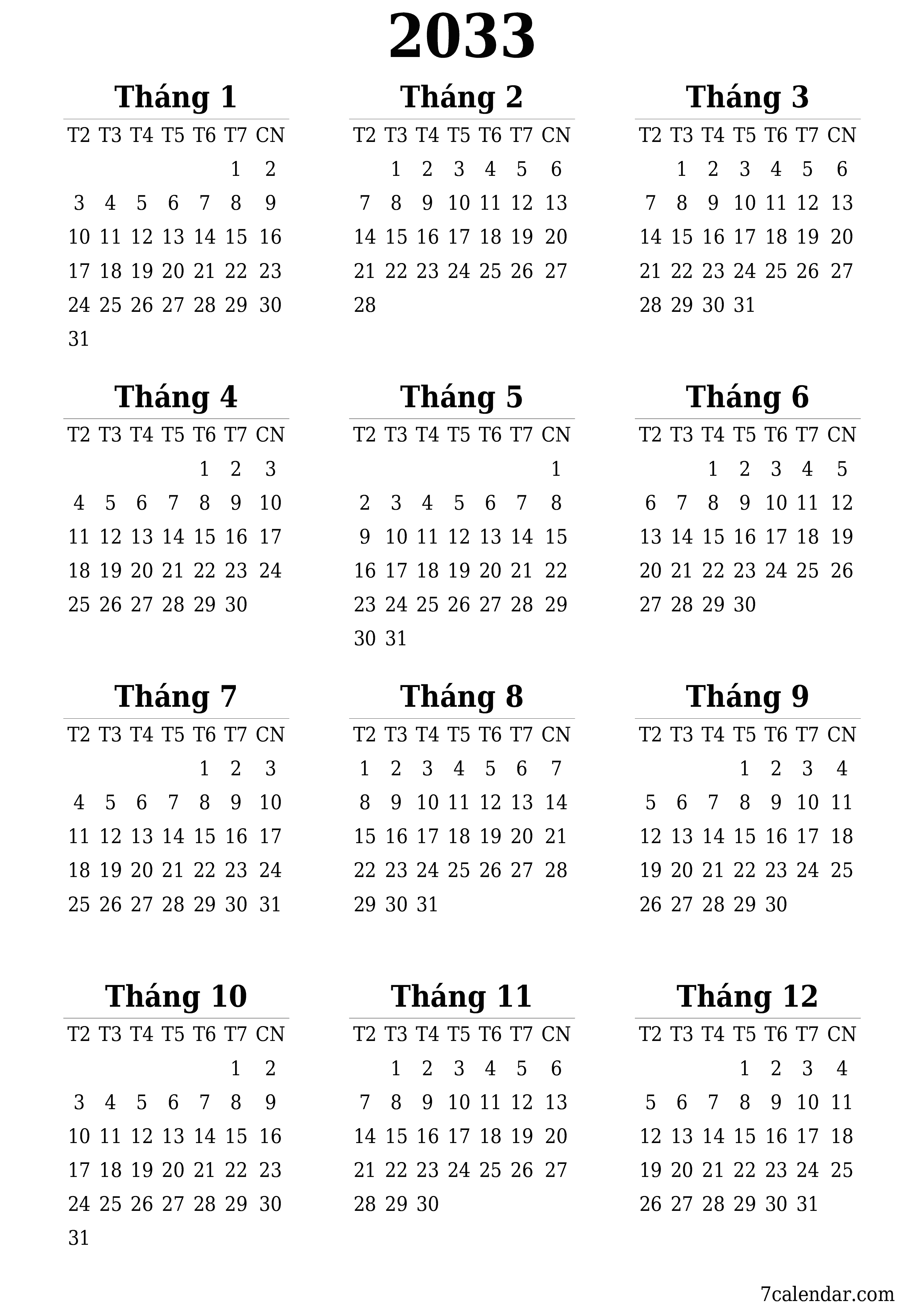  in được treo tường mẫu miễn phíthẳng đứng Hàng năm lịch Tháng 6 (Th6) 2033