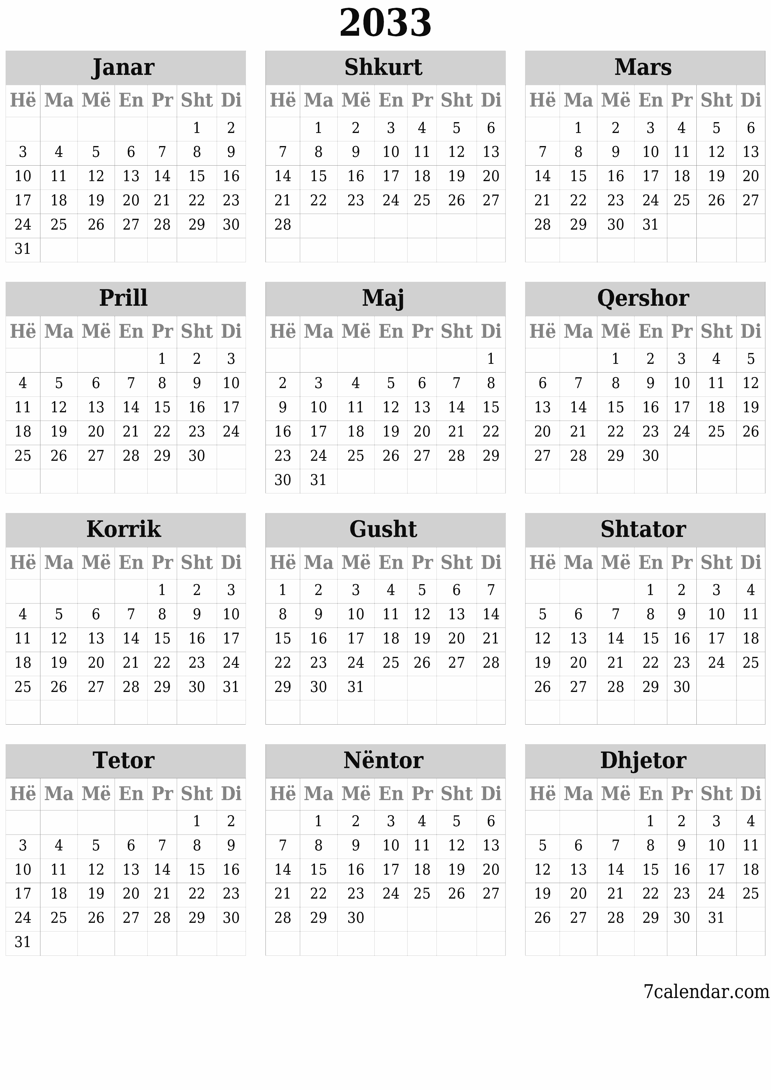  i printueshëm muri shabllon falasvertikale Vjetore kalendar Qershor (Qer) 2033