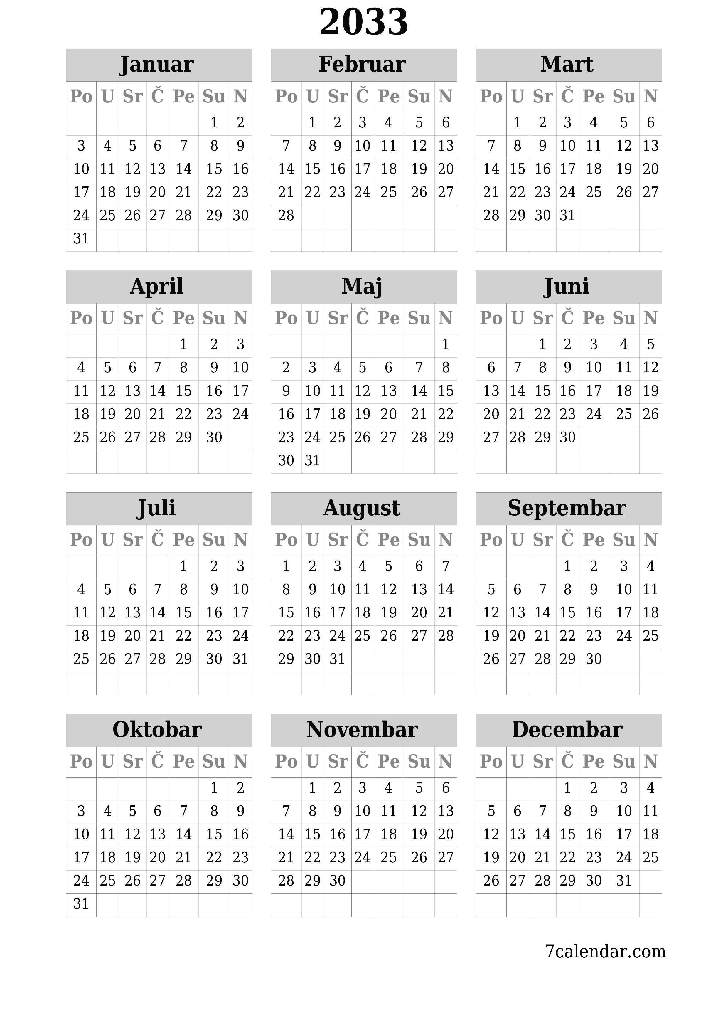  za štampanje zidni šablon a besplatni vertikalno Godišnje kalendar Juni (Jun) 2033
