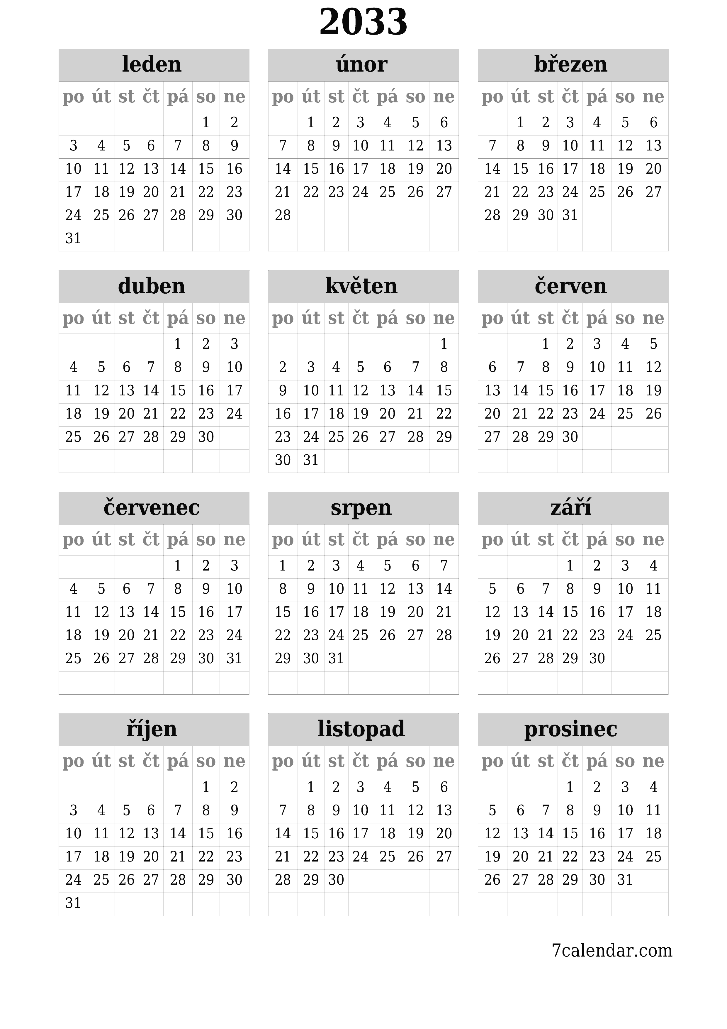 Prázdný roční kalendář plánovače pro rok 2033 s poznámkami, uložením a tiskem do PDF PNG Czech