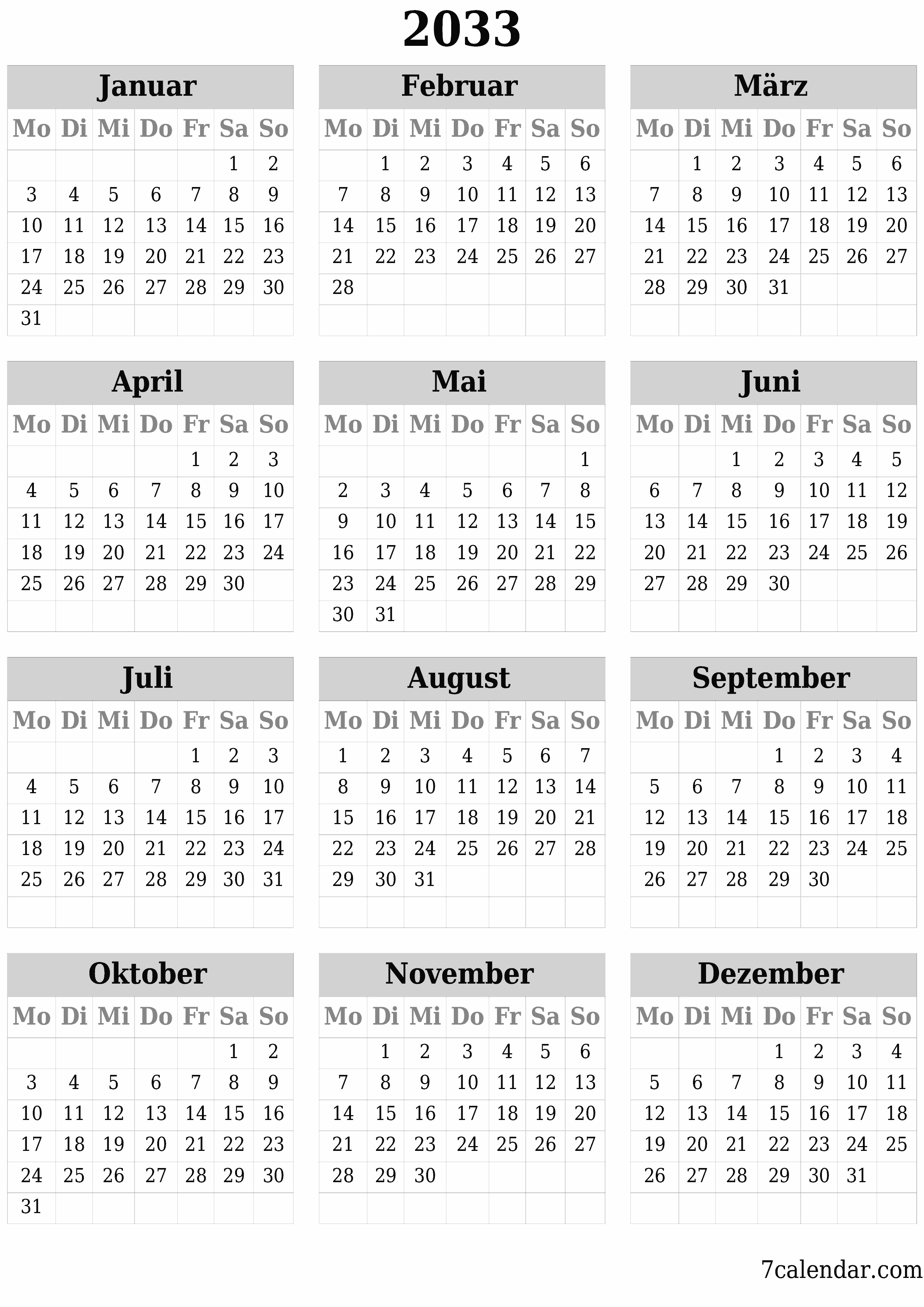 Jahresplanerkalender für das Jahr 2033 mit Notizen leeren, speichern und als PDF PNG German - 7calendar.com drucken