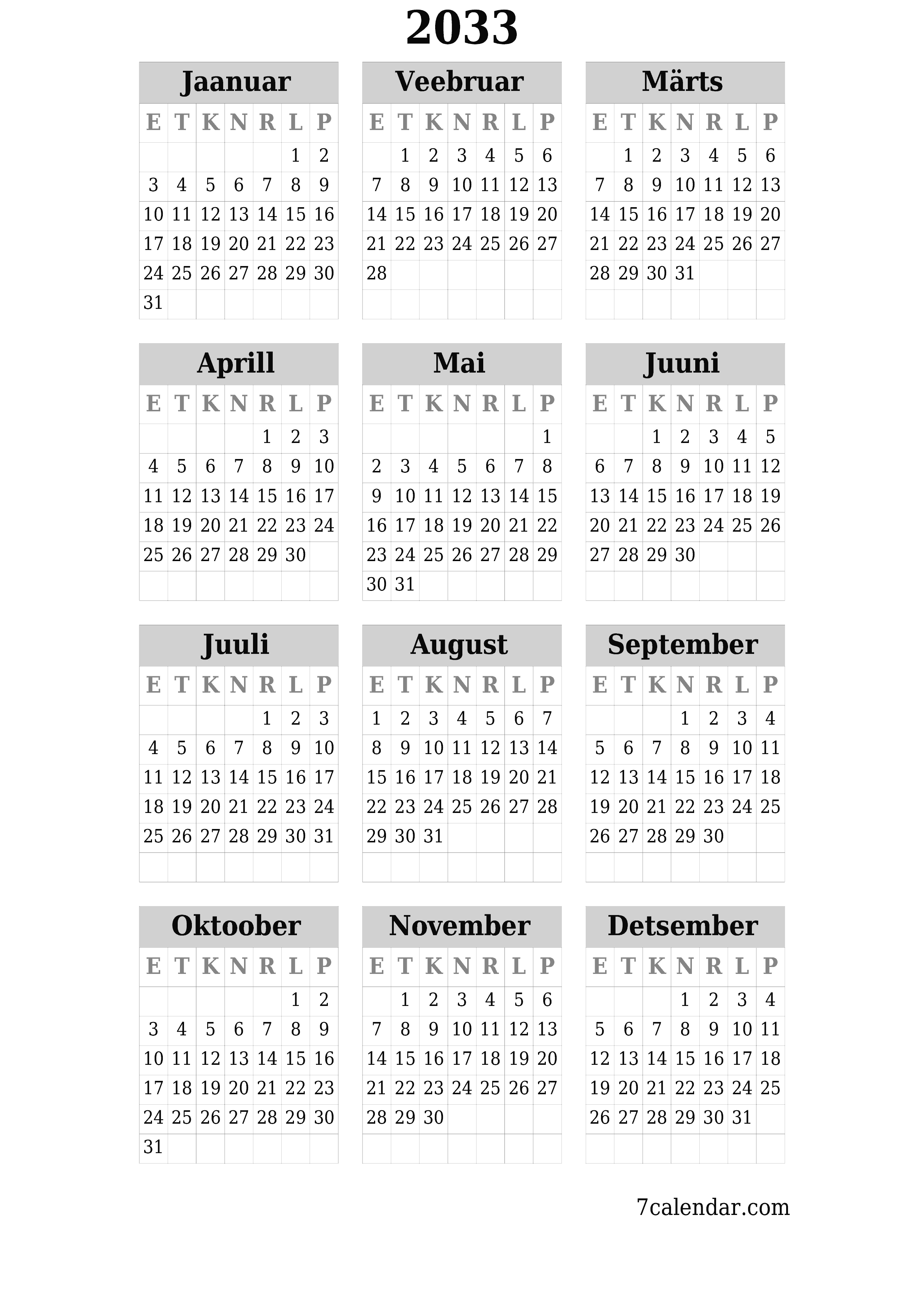 Tühi aasta planeerija kalender aastaks 2033 koos märkmetega, salvestage ja printige PDF-i PNG Estonian