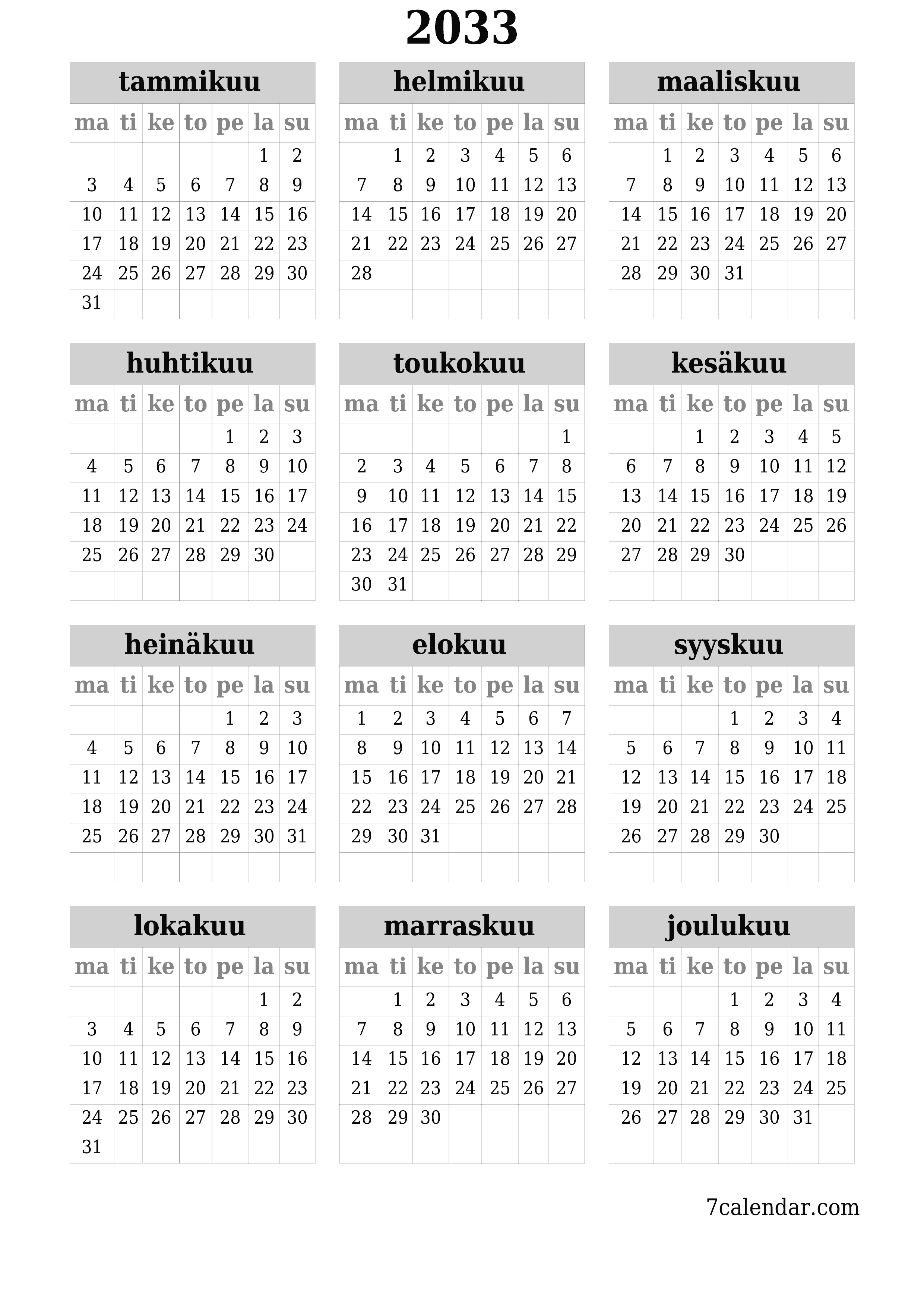 Tyhjä vuosisuunnittelukalenteri vuodelle 2033 muistiinpanoilla, tallenna ja tulosta PDF-muotoon PNG Finnish