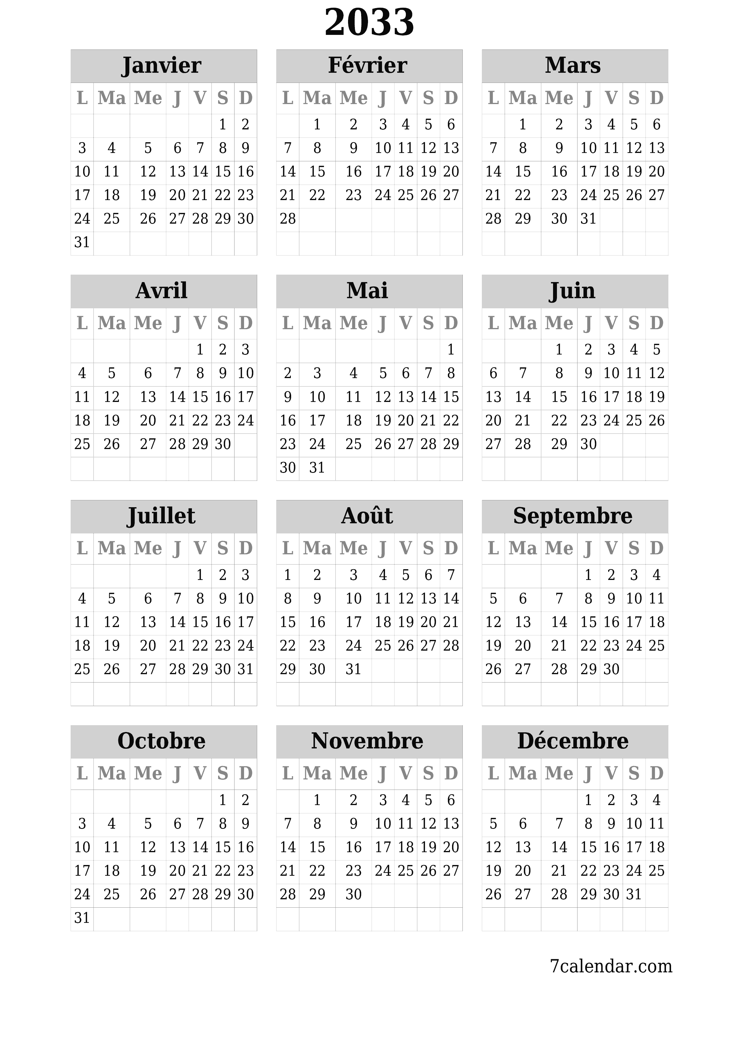  imprimable mural modèle de gratuitverticale Annuel calendrier Juin (Jui) 2033