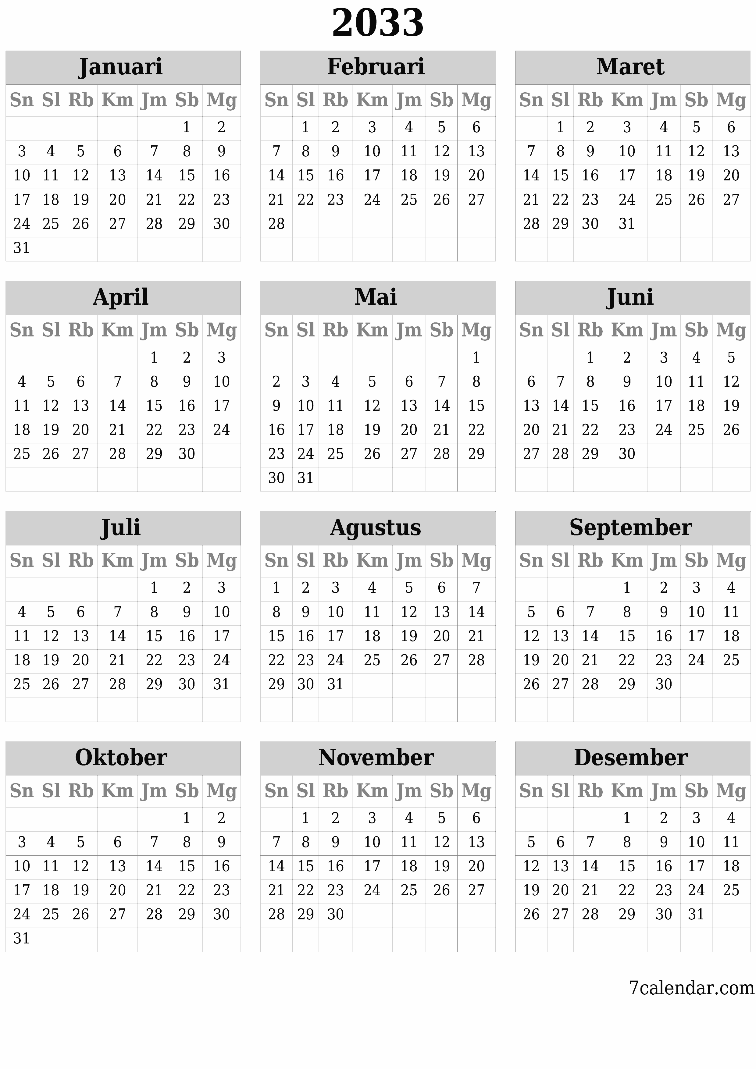  yang dapat dicetak dinding templat gratisvertikal Tahunan kalender Juni (Jun) 2033