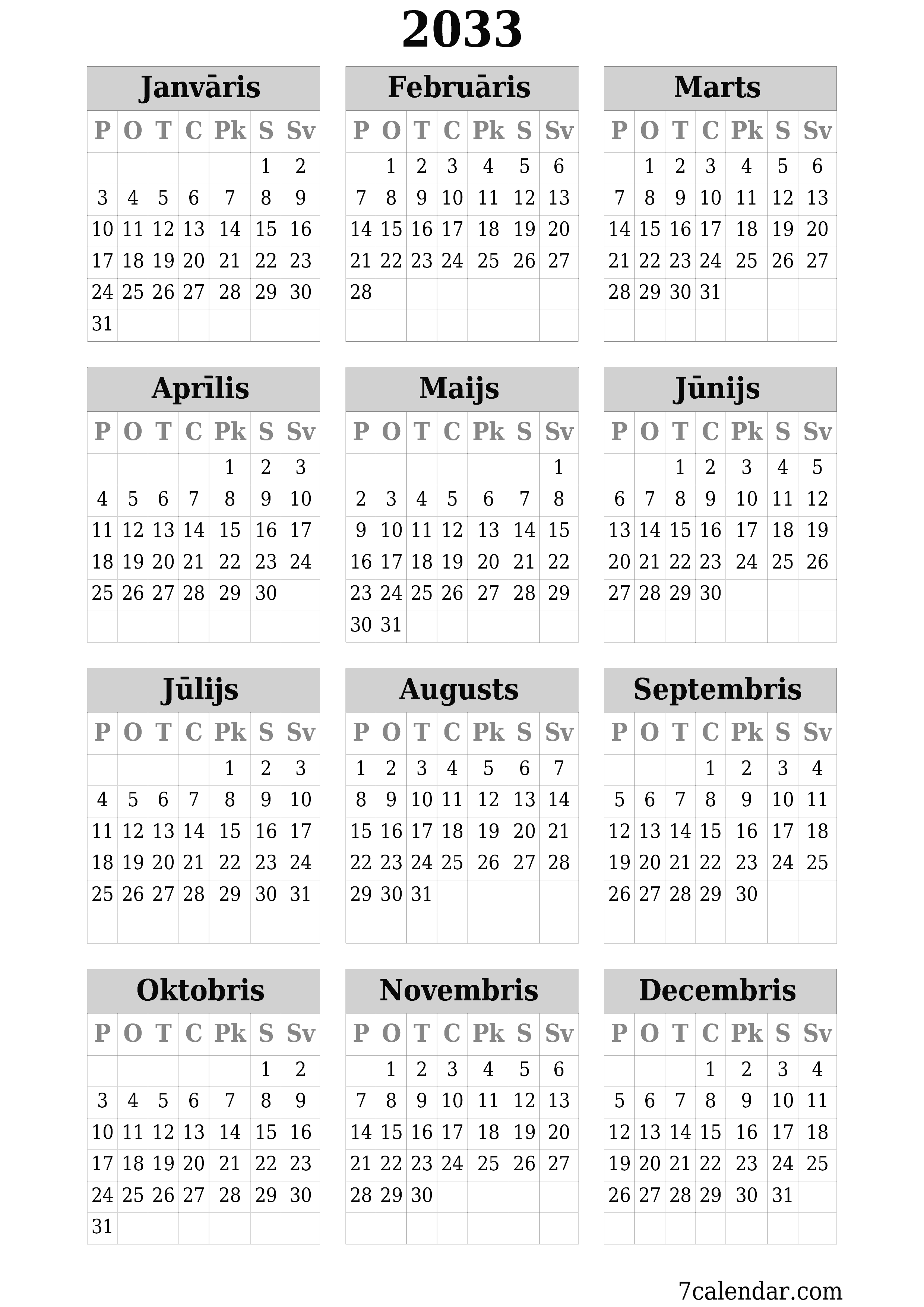 izdrukājams sienas kalendāra veidne bezmaksas vertikāli Gada kalendārs Jūnijs (Jūn) 2033