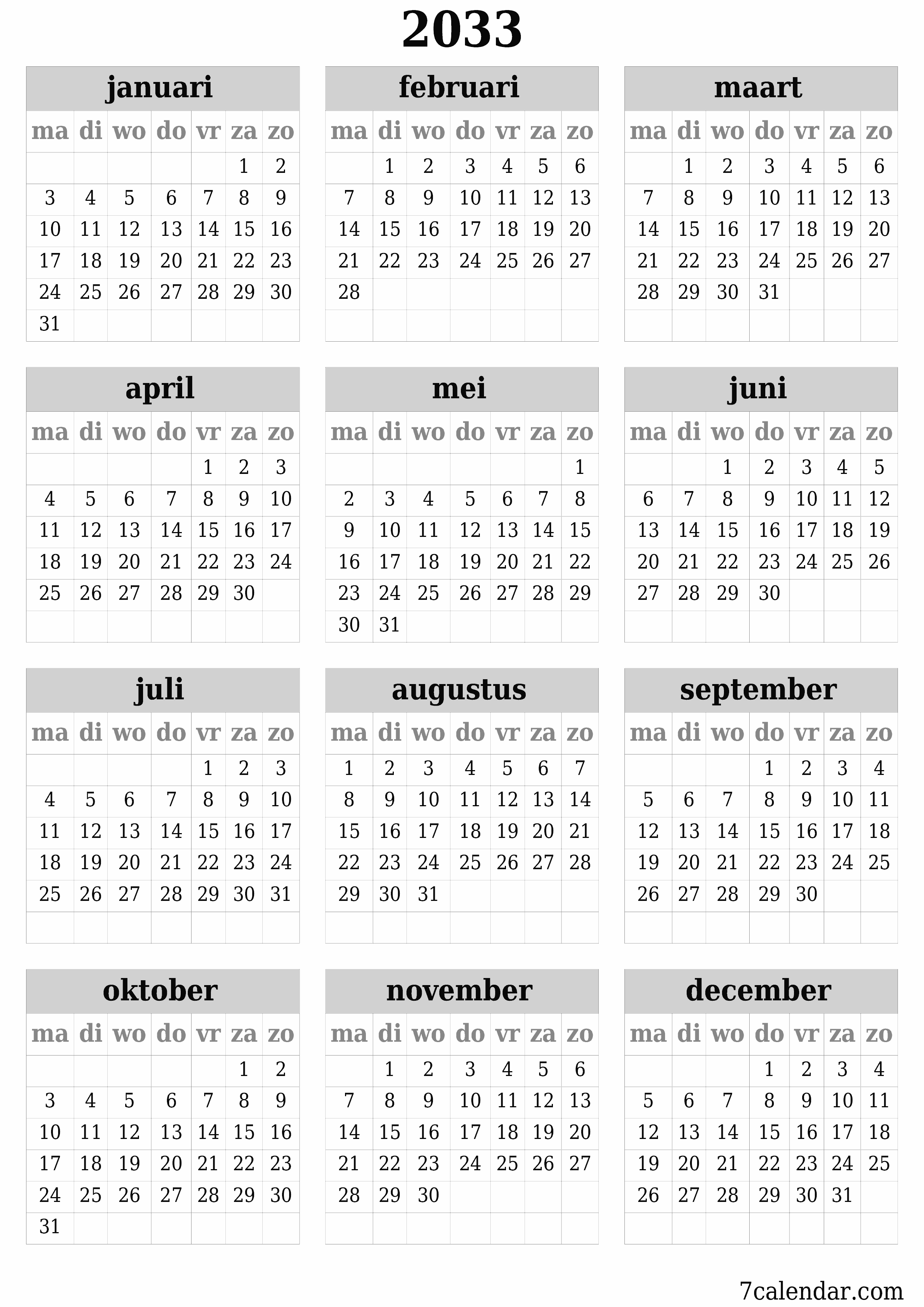 Lege jaarplanningskalender voor het jaar 2033 met notities, opslaan en afdrukken naar pdf PNG Dutch