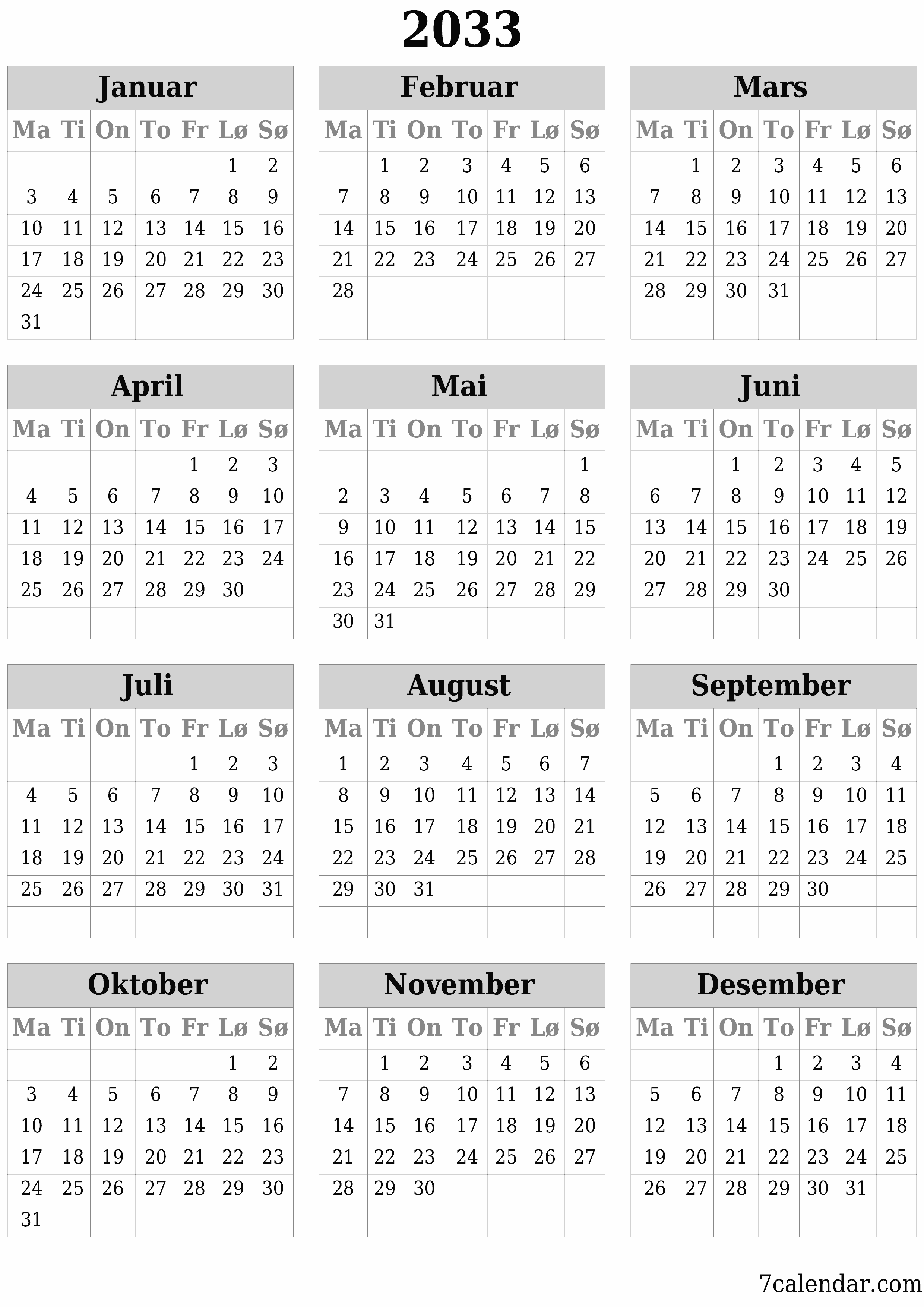 Tom årlig planleggerkalender for året 2033 med notater, lagre og skrive ut i PDF PNG Norwegian