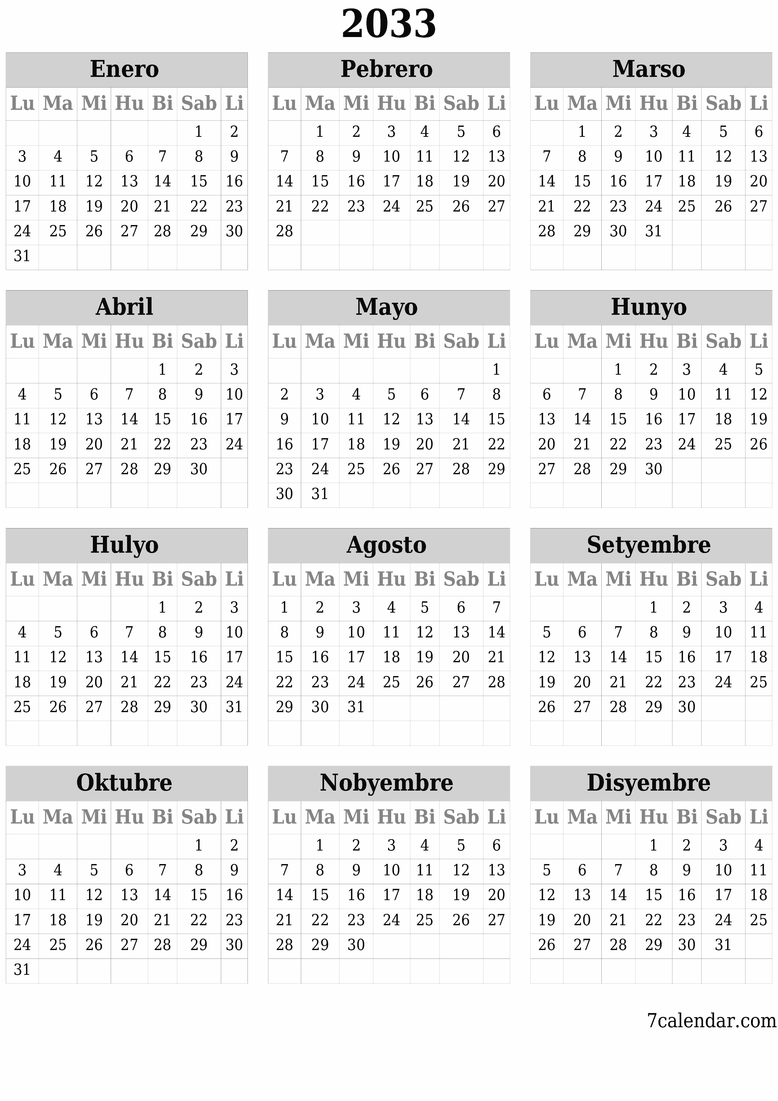 napi-print na sa dingding template ng libreng patayo Taunan kalendaryo Hunyo (Hun) 2033