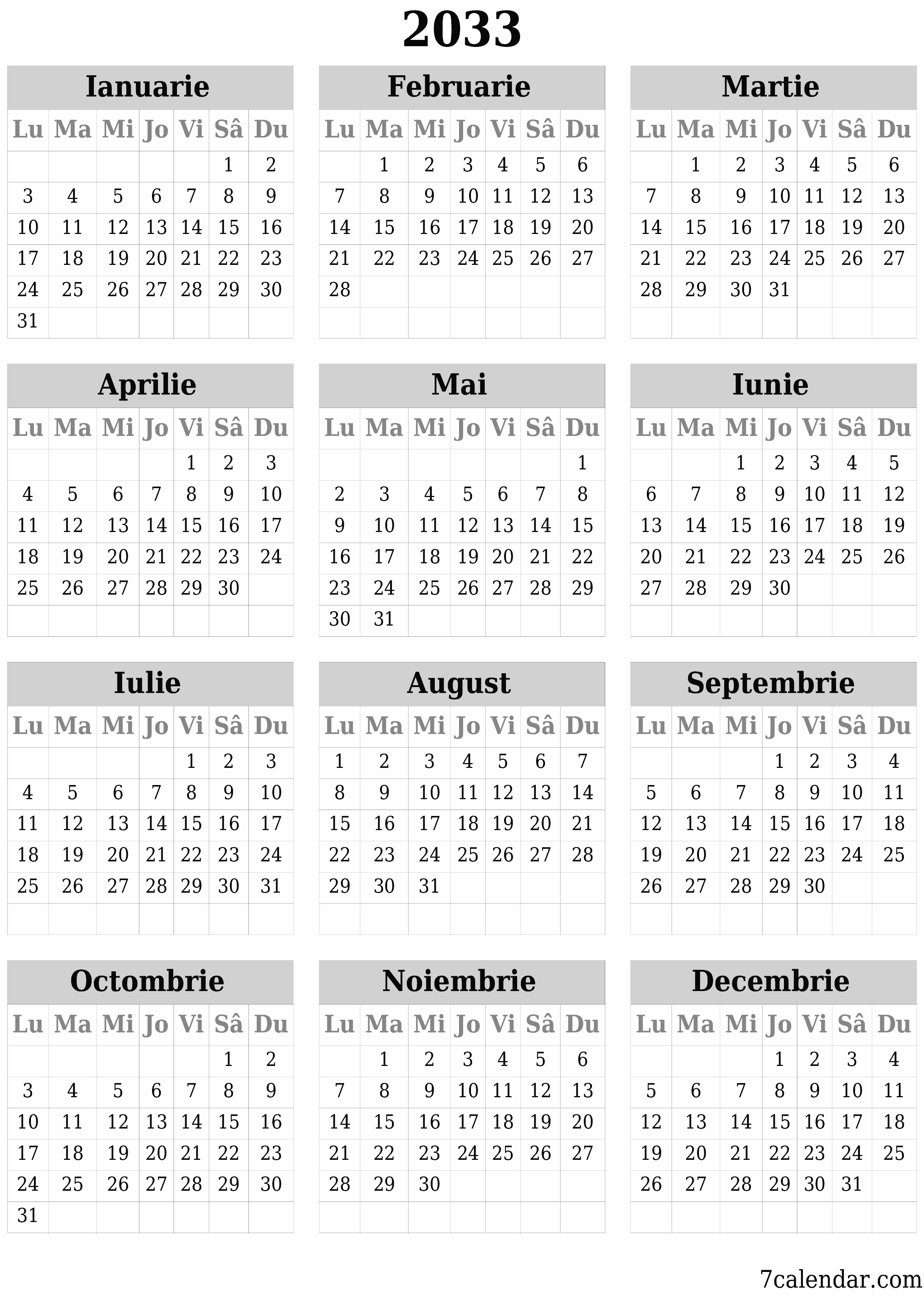 Goliți calendarul anual al planificatorului pentru anul 2033 cu note, salvați și tipăriți în PDF PNG Romanian