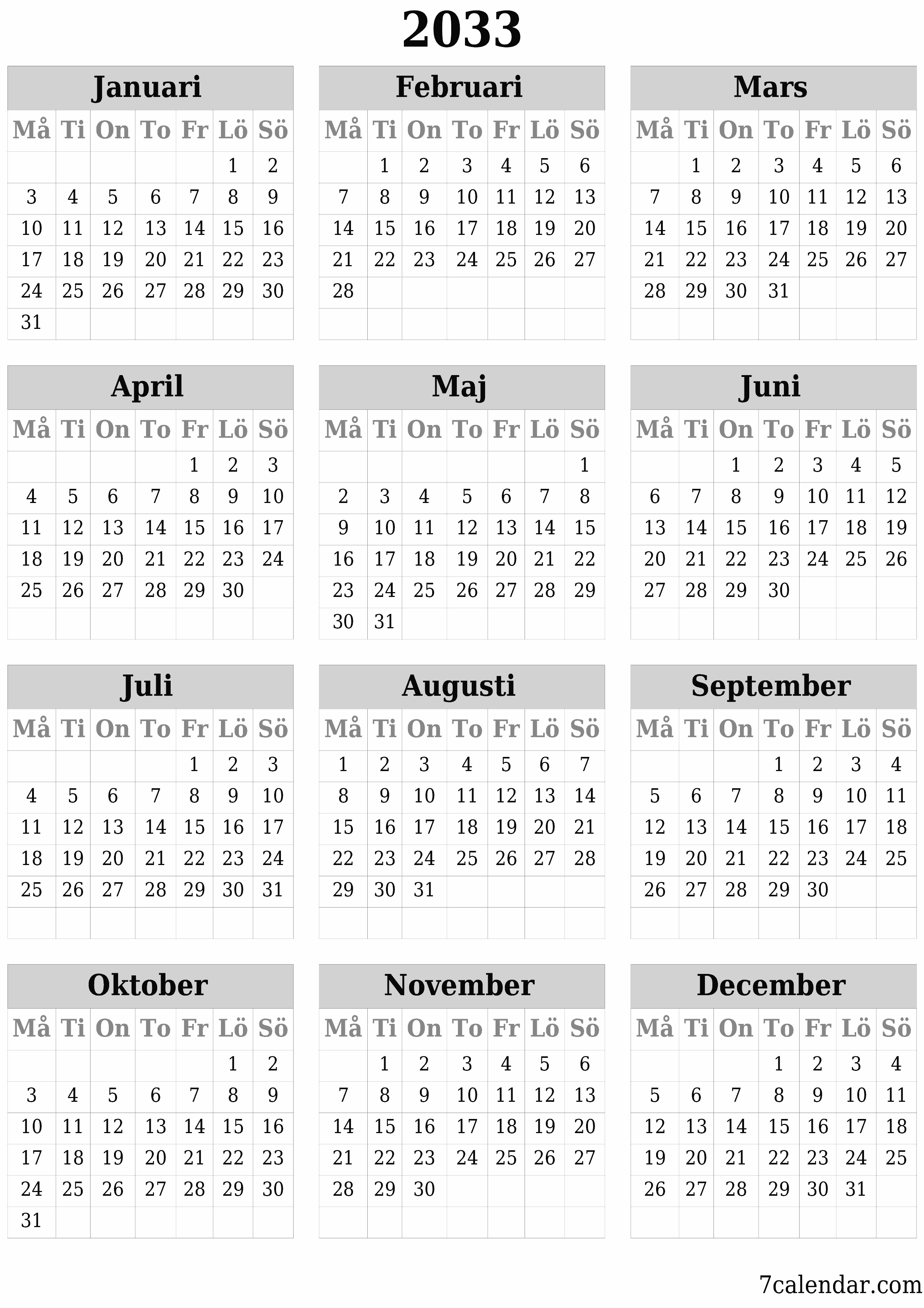 Tom årlig planeringskalender för året 2033 med anteckningar, spara och skriv ut till PDF PNG Swedish