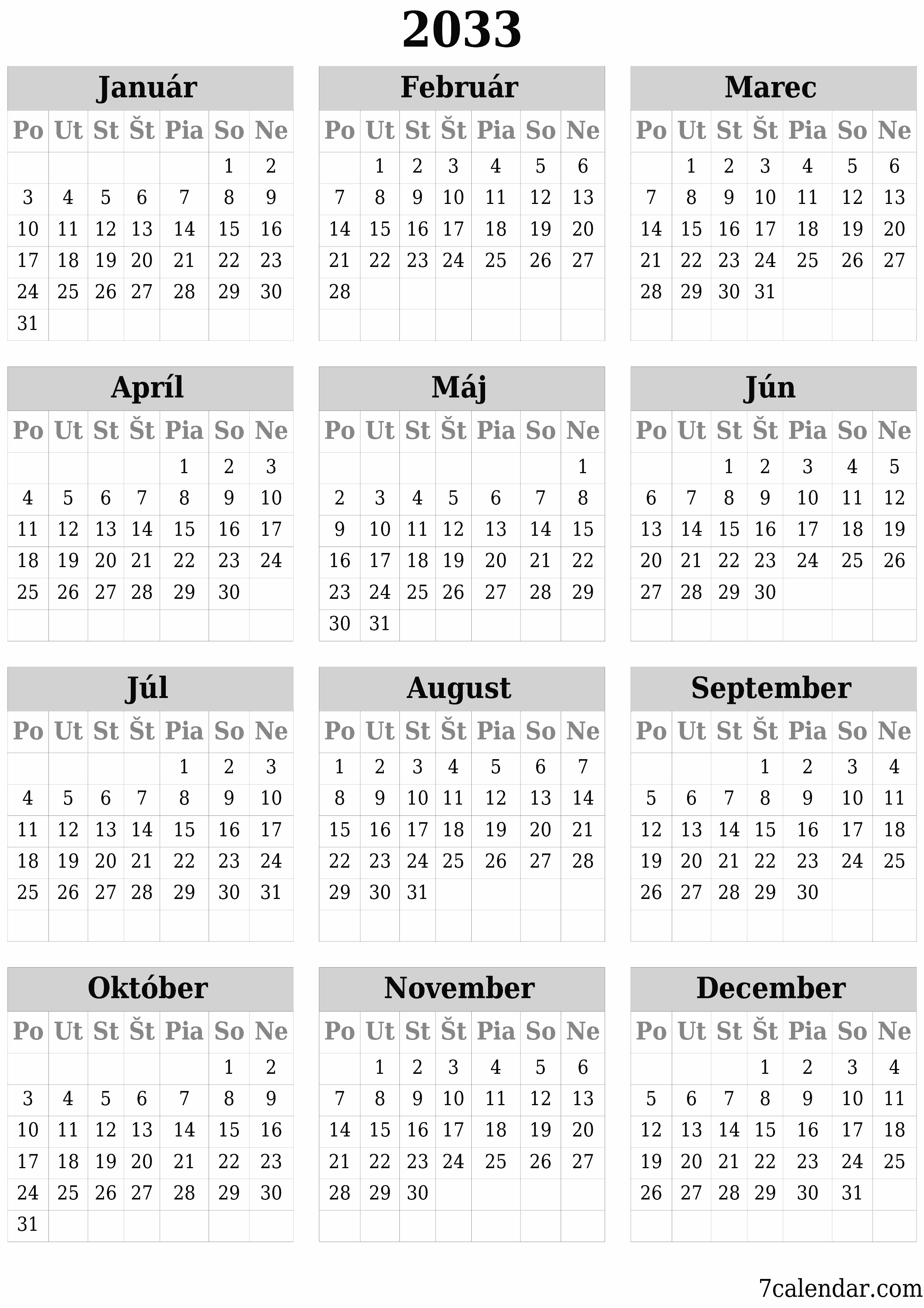 vytlačiteľný nástenný šablóna a bezplatný вертикальный Ročne kalendár Jún (Jún) 2033