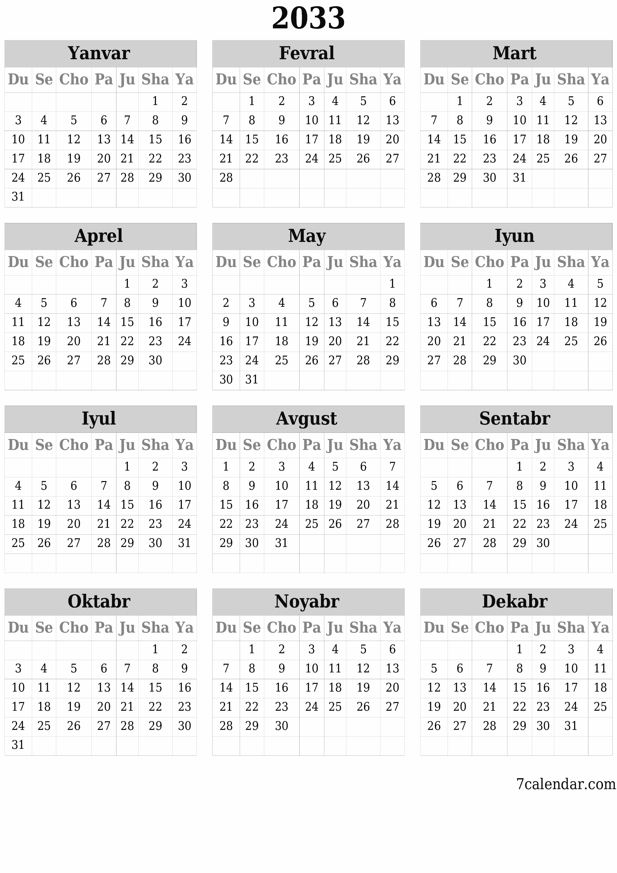 chop etiladigan devor taqvimi shabloni bepul vertikal Yillik kalendar Iyun (Iyun) 2033