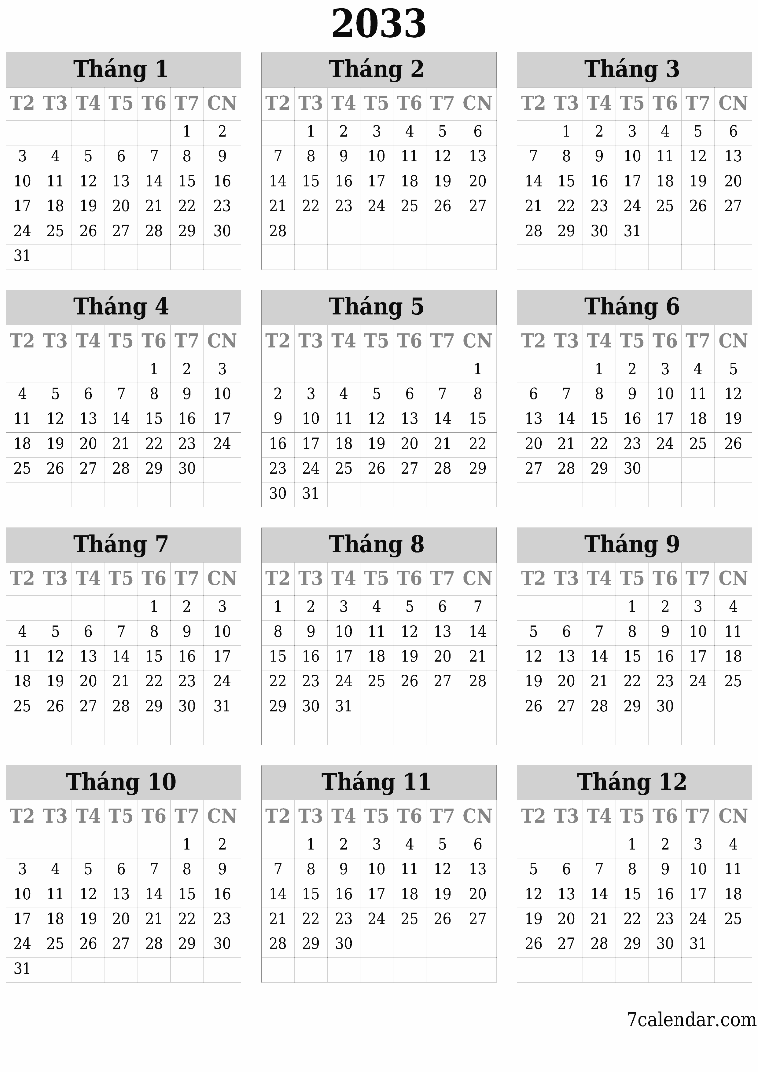  in được treo tường mẫu miễn phíthẳng đứng Hàng năm lịch Tháng 6 (Th6) 2033