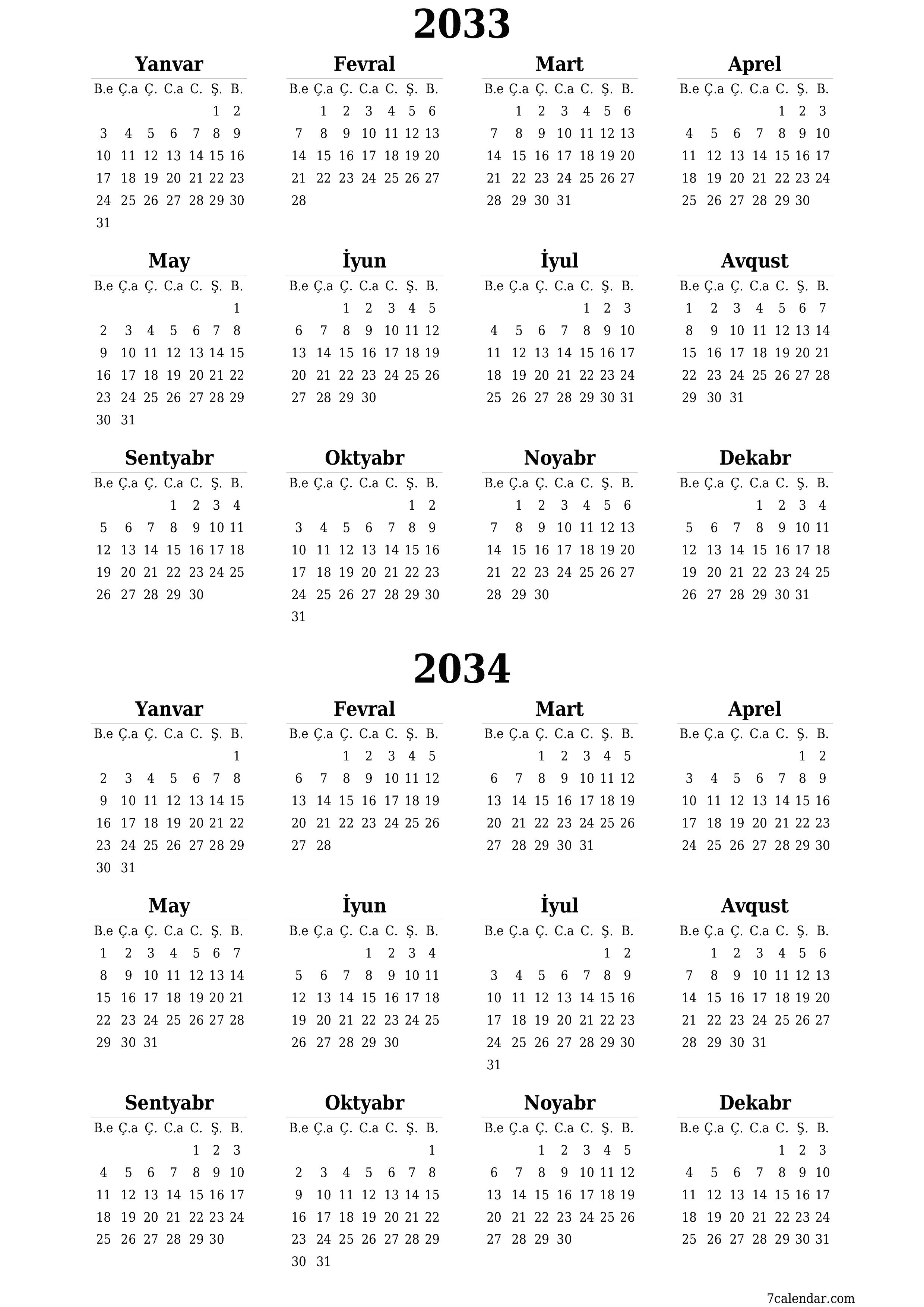 çap edilə bilən divar i şablonu pulsuz şaquli İllik təqvim İyun (İyun) 2033