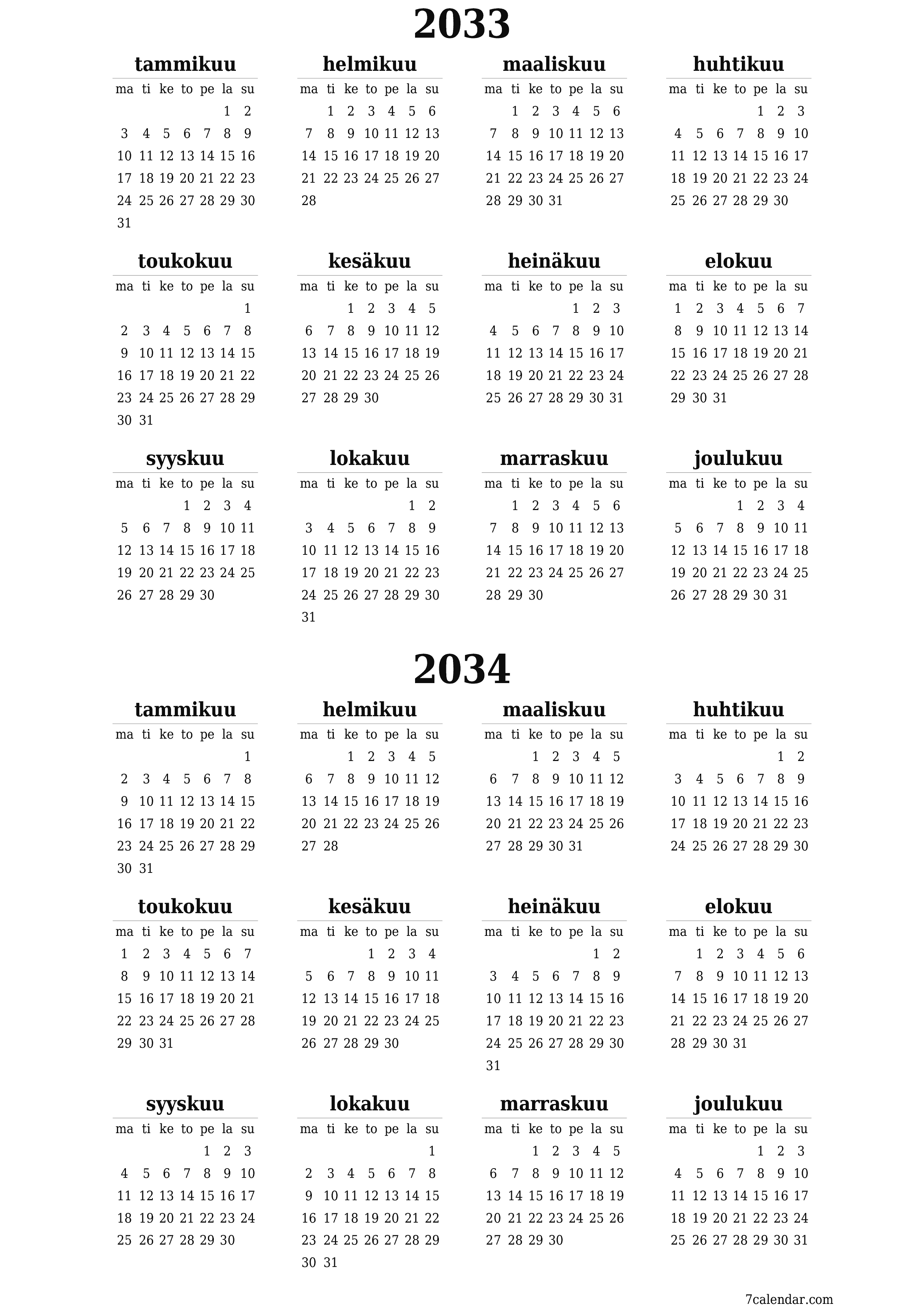 tulostettava seinä n malli ilmainen pystysuora Vuosittain kalenteri Kesäkuu (Kesä) 2033