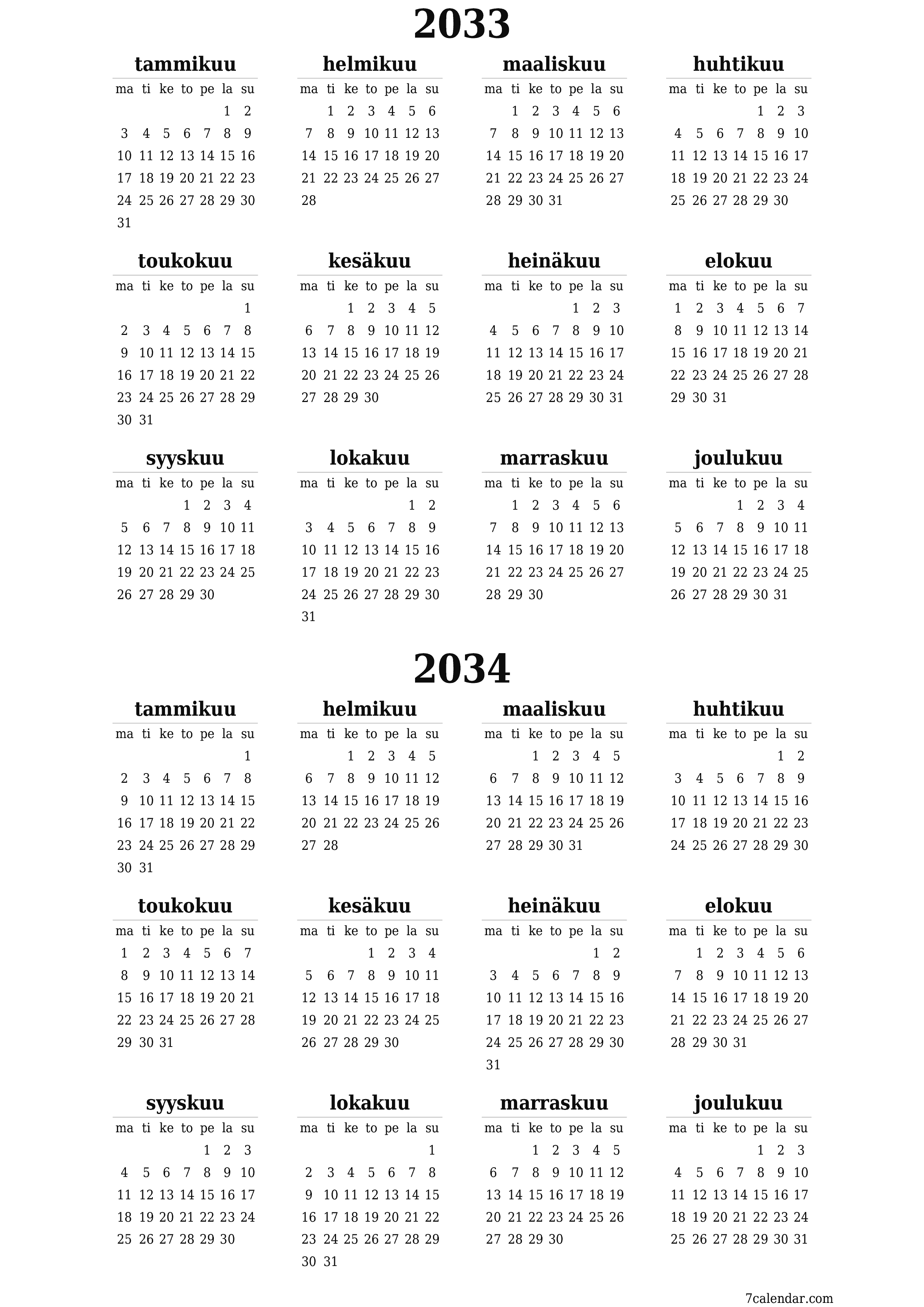 Tyhjä vuosisuunnittelukalenteri vuodelle 2033, 2034 muistiinpanoilla, tallenna ja tulosta PDF-muotoon PNG Finnish