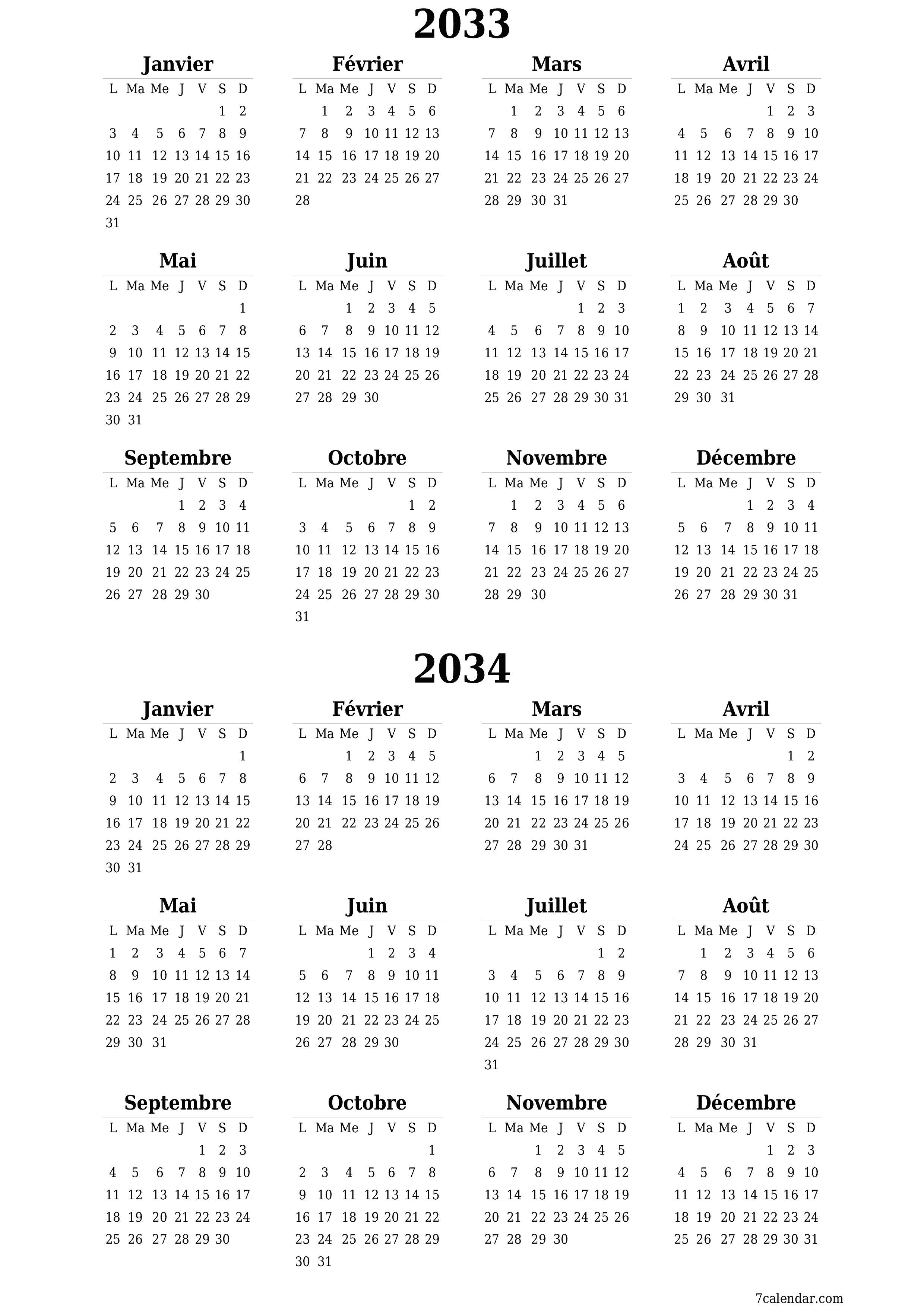  imprimable mural modèle de gratuitverticale Annuel calendrier Juin (Jui) 2033