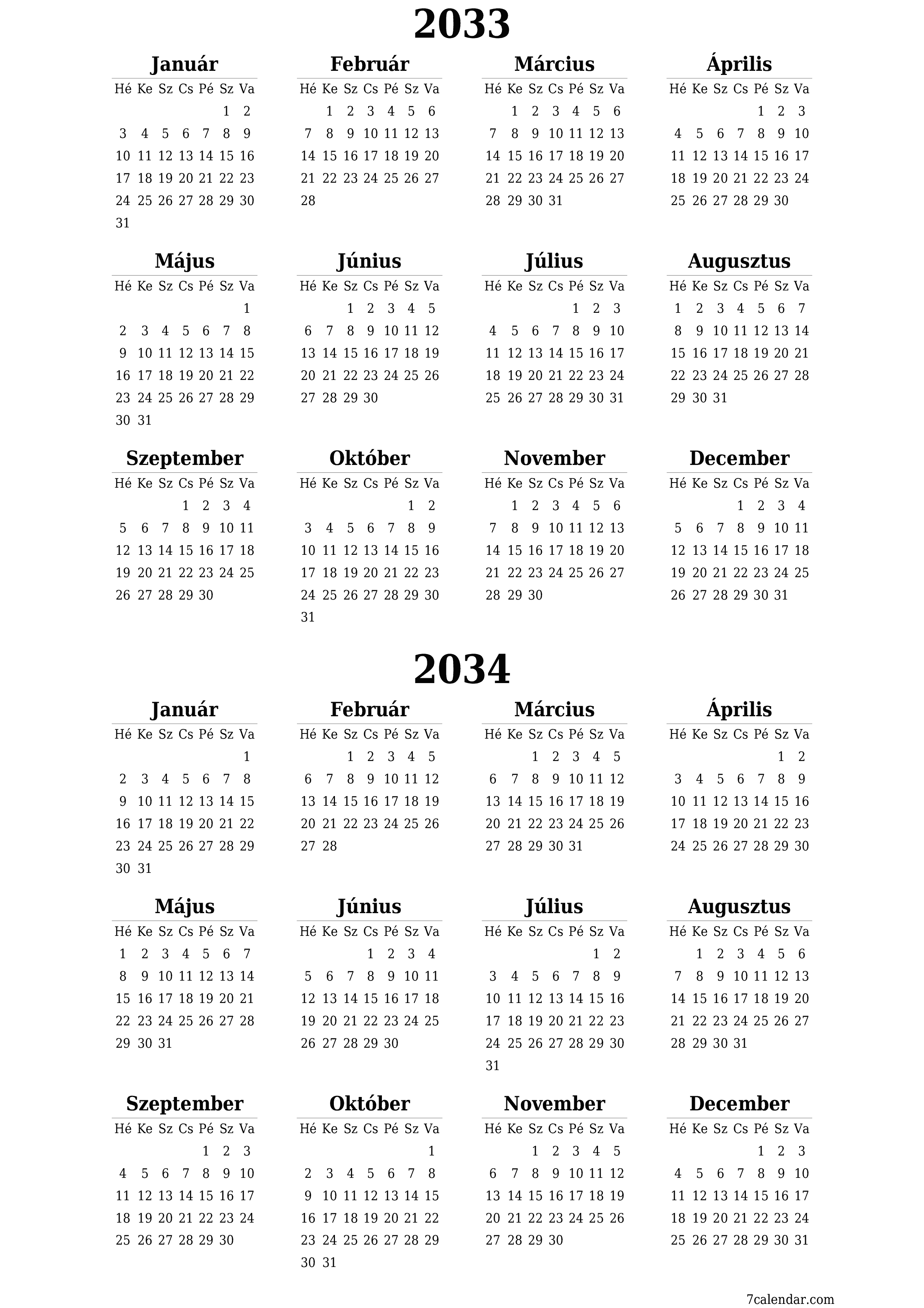 nyomtatható fali sablon ingyenes függőleges Éves naptár Június (Jún) 2033