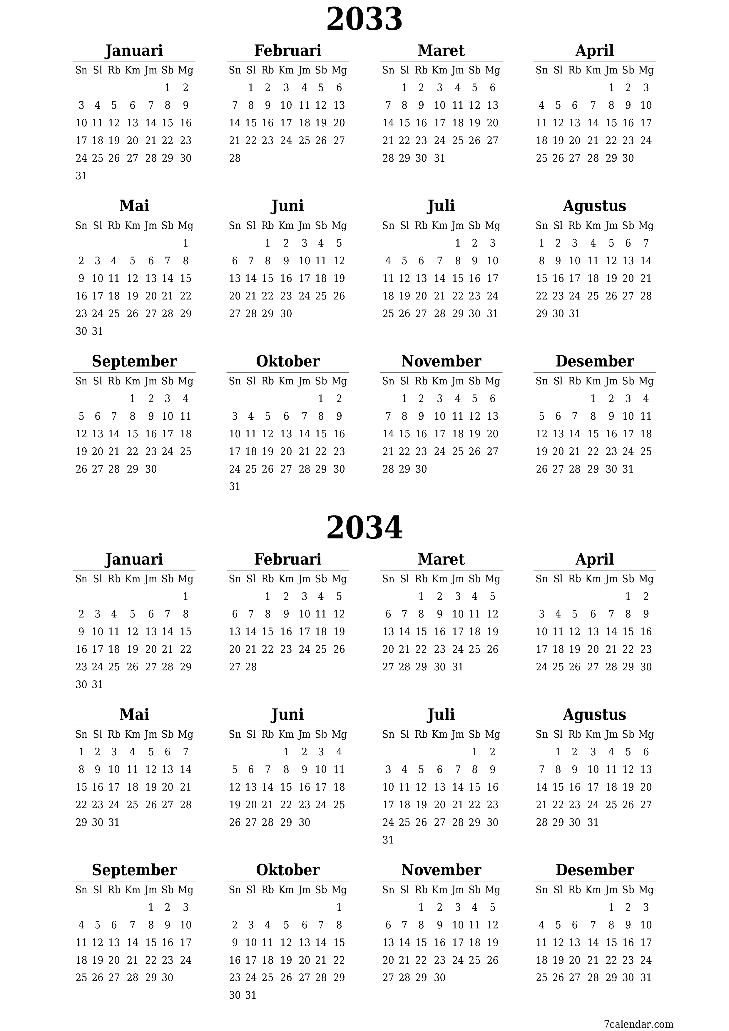  yang dapat dicetak dinding templat gratisvertikal Tahunan kalender Juni (Jun) 2033
