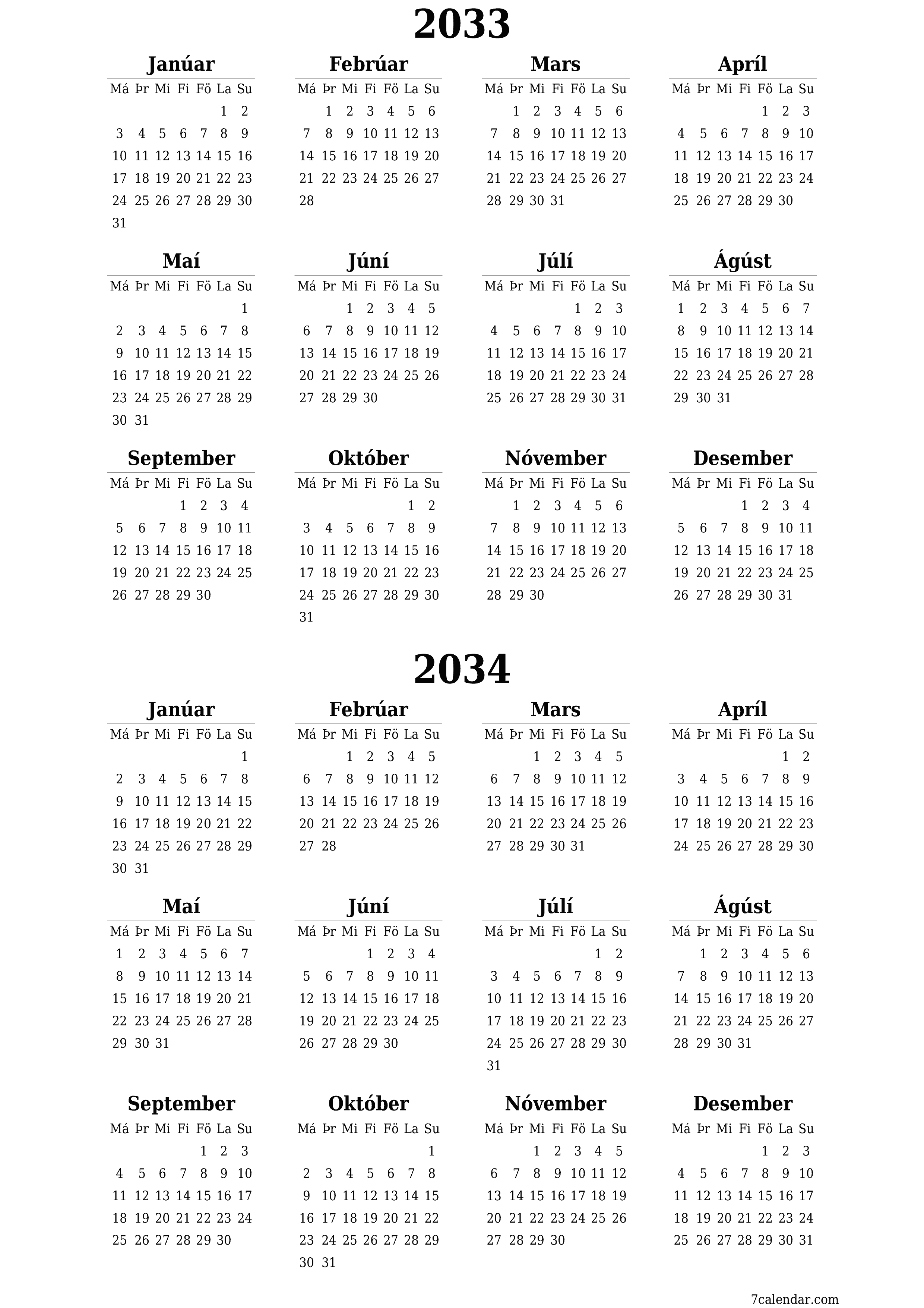 Tómt árlegt dagatal skipuleggjanda fyrir árið 2033, 2034 með athugasemdum, vista og prenta á PDF PNG Icelandic