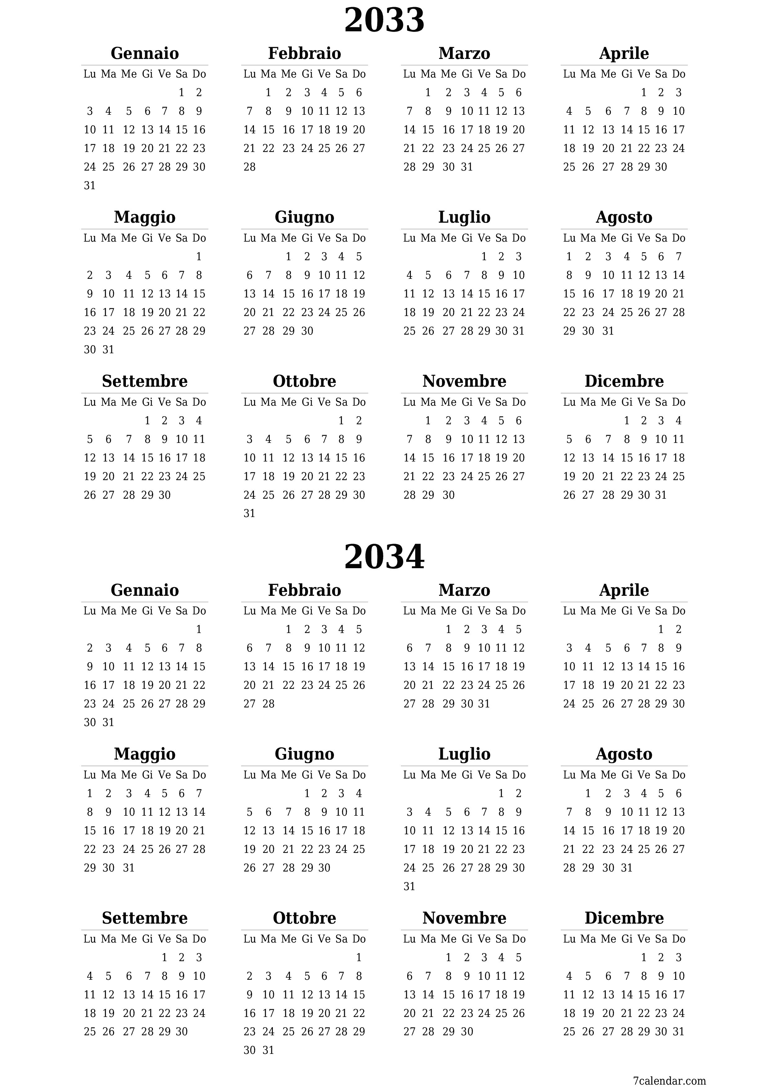  stampabile da parete modello di gratuitoverticale Annuale calendario Giugno (Giu) 2033