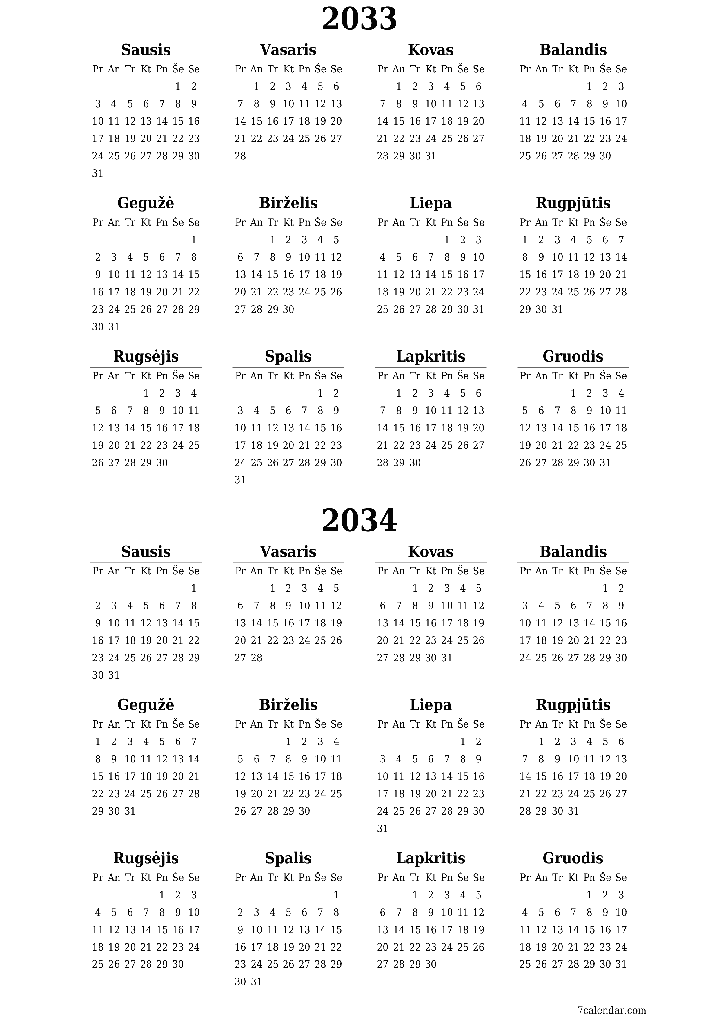 spausdinamas sieninis kalendoriaus šabloną nemokamas vertikaliai Kasmet kalendorius Birželis (Bir) 2033