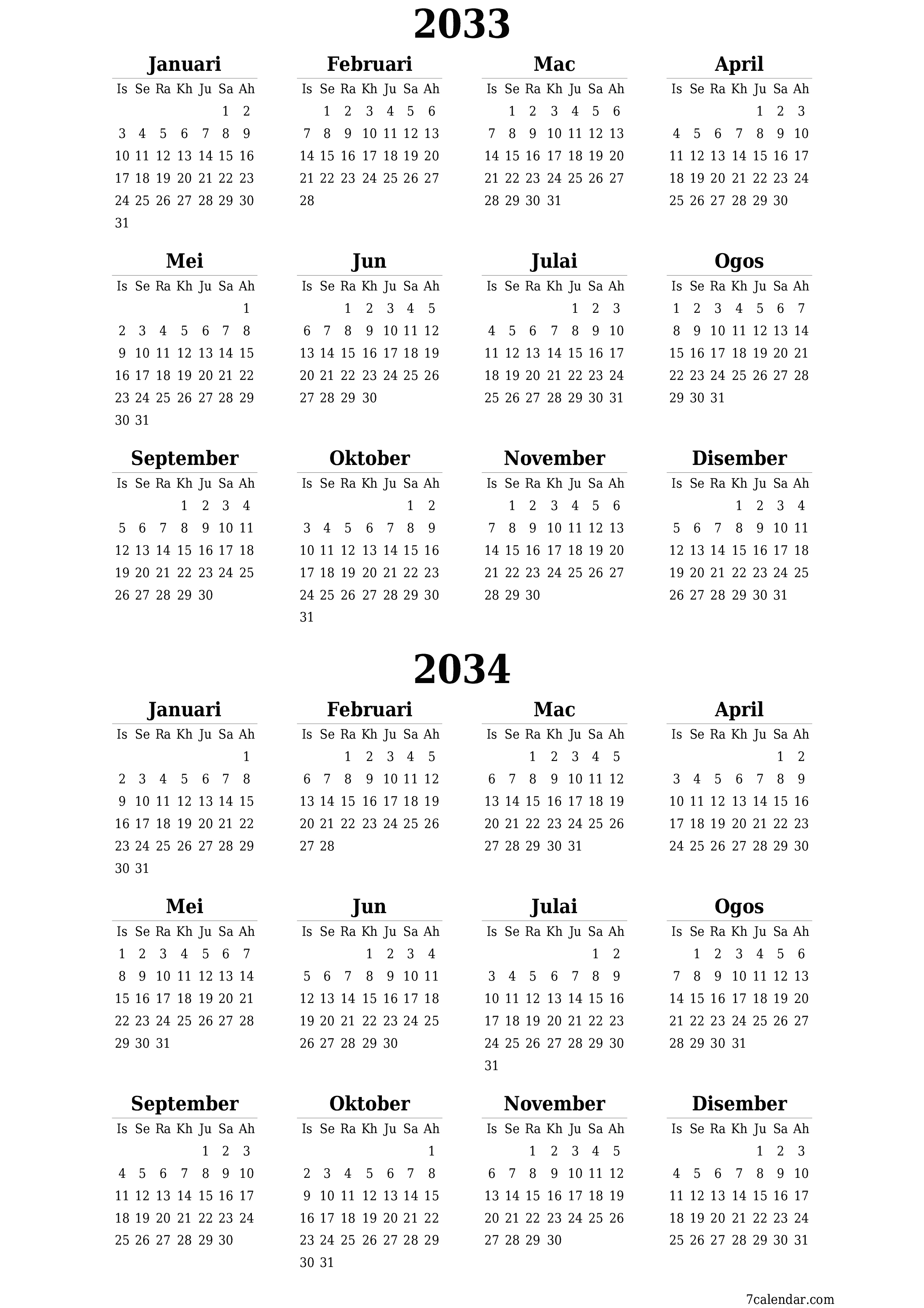 Kalendar perancang tahunan kosong untuk tahun ini 2033, 2034 dengan nota, simpan dan cetak ke PDF PNG Malay