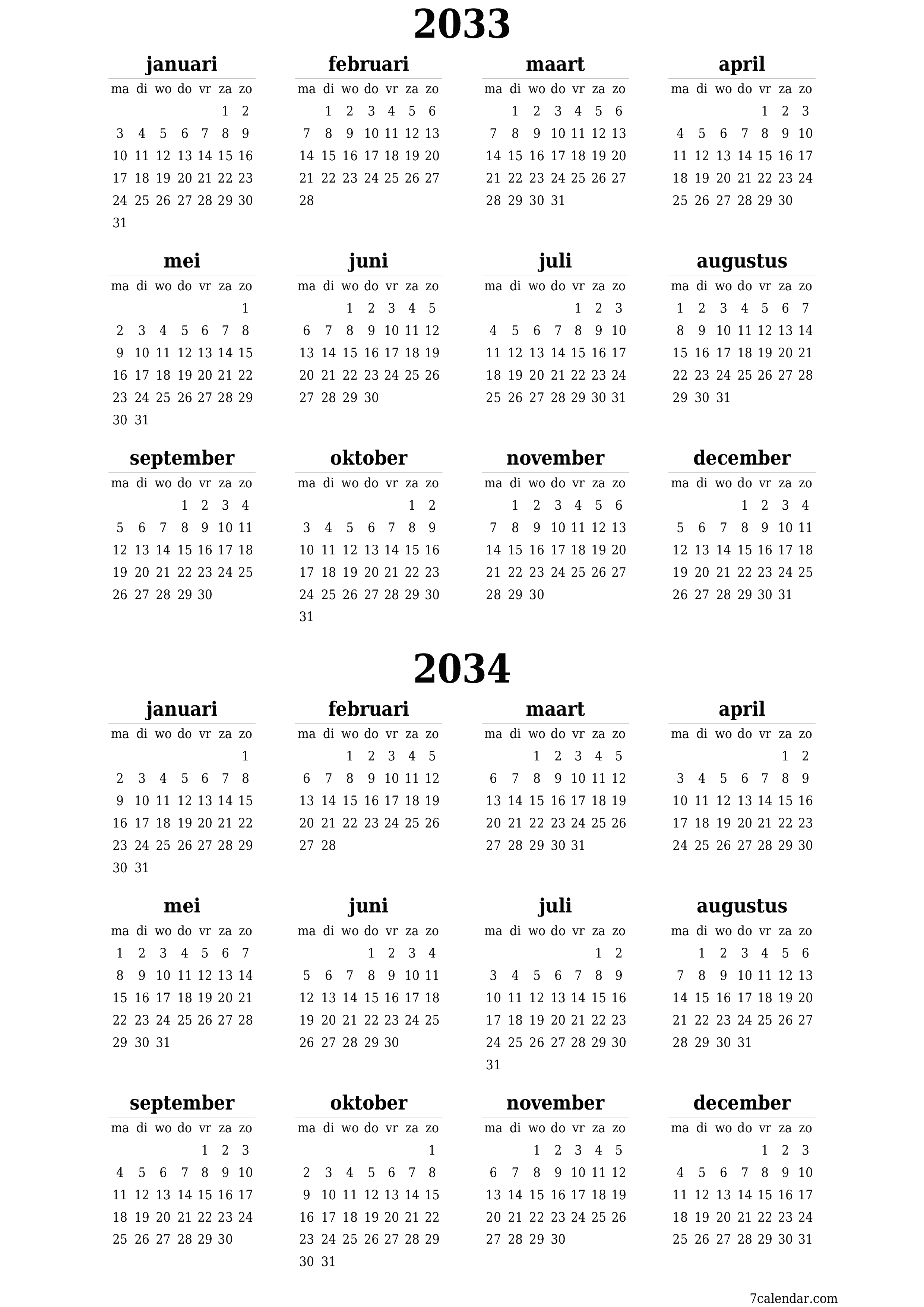 Lege jaarplanningskalender voor het jaar 2033, 2034 met notities, opslaan en afdrukken naar pdf PNG Dutch