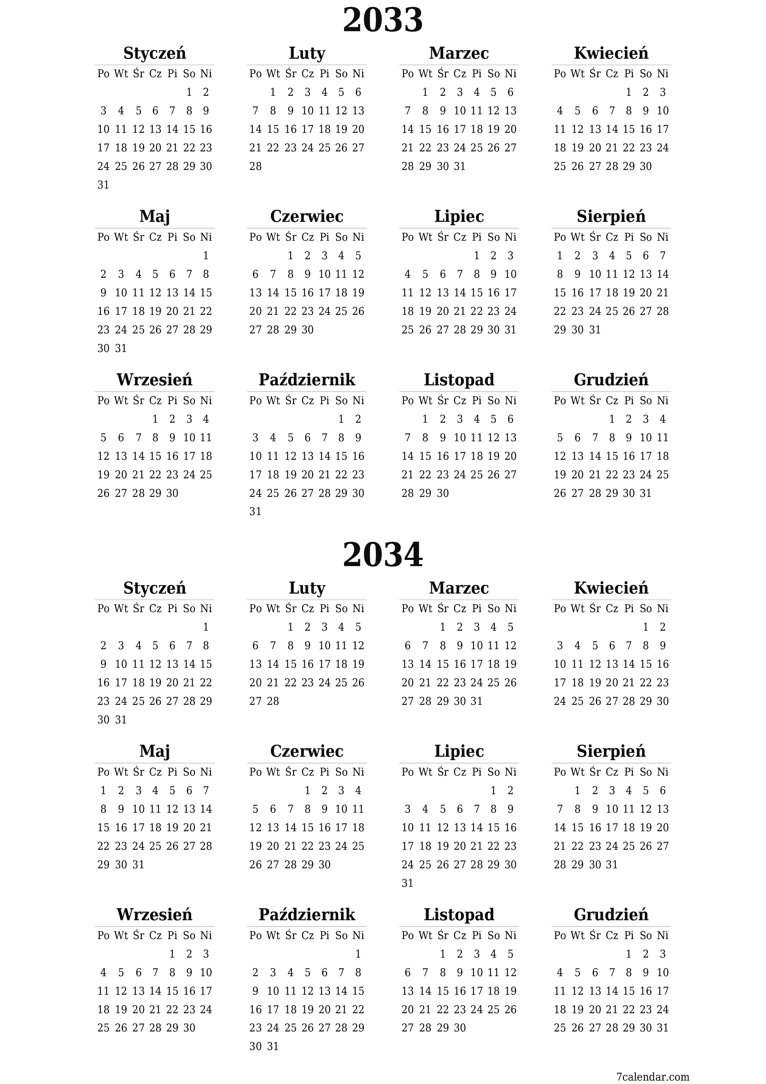  do druku ścienny szablon a darmowy pionowy Roczny kalendarz Czerwiec (Cze) 2033