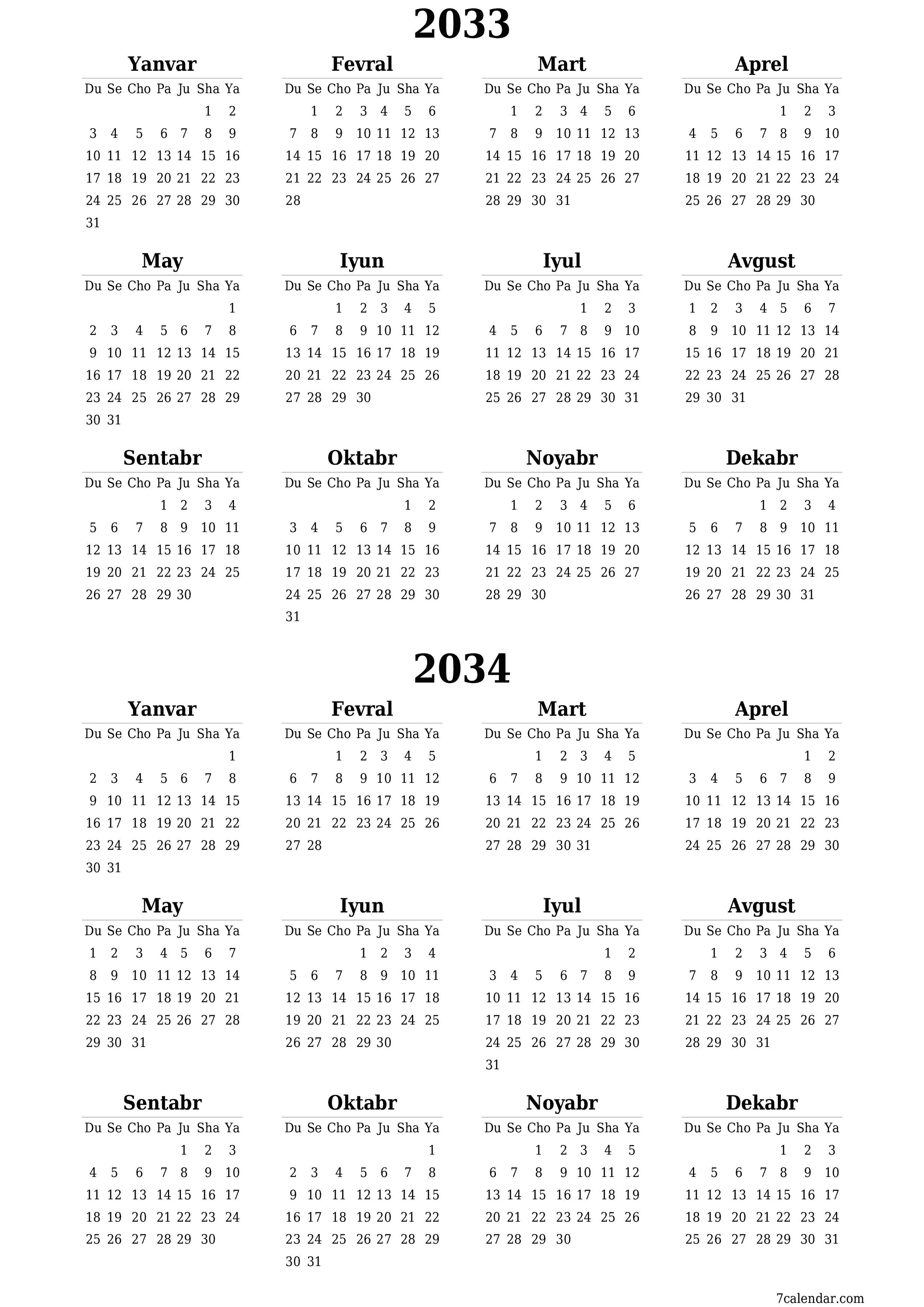 chop etiladigan devor taqvimi shabloni bepul vertikal Yillik kalendar Iyun (Iyun) 2033
