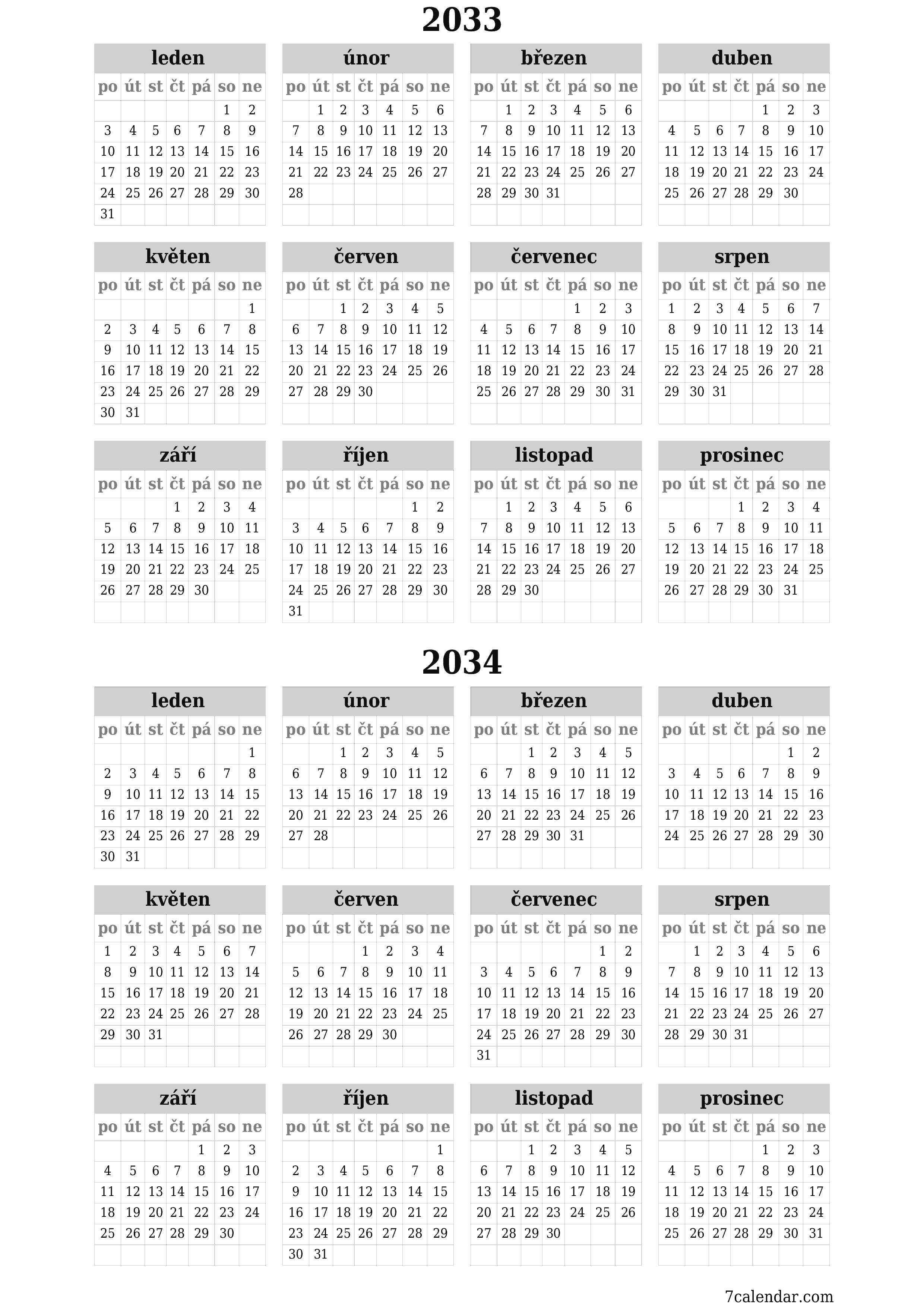  pro tisk nástěnný šablona e zdarmavertikální Roční kalendář červen (čvn) 2033
