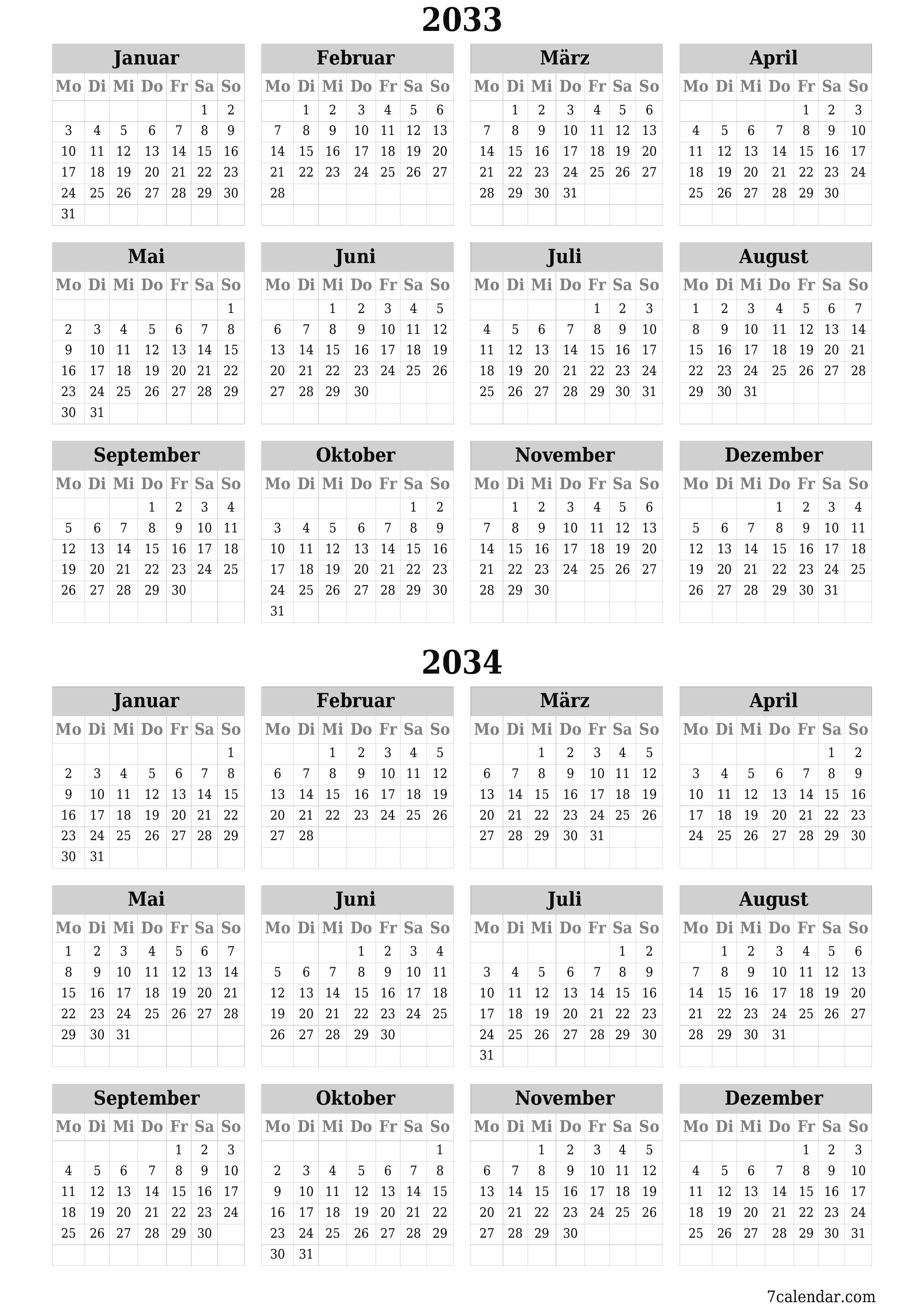 Jahresplanerkalender für das Jahr 2033, 2034 mit Notizen leeren, speichern und als PDF PNG German - 7calendar.com drucken