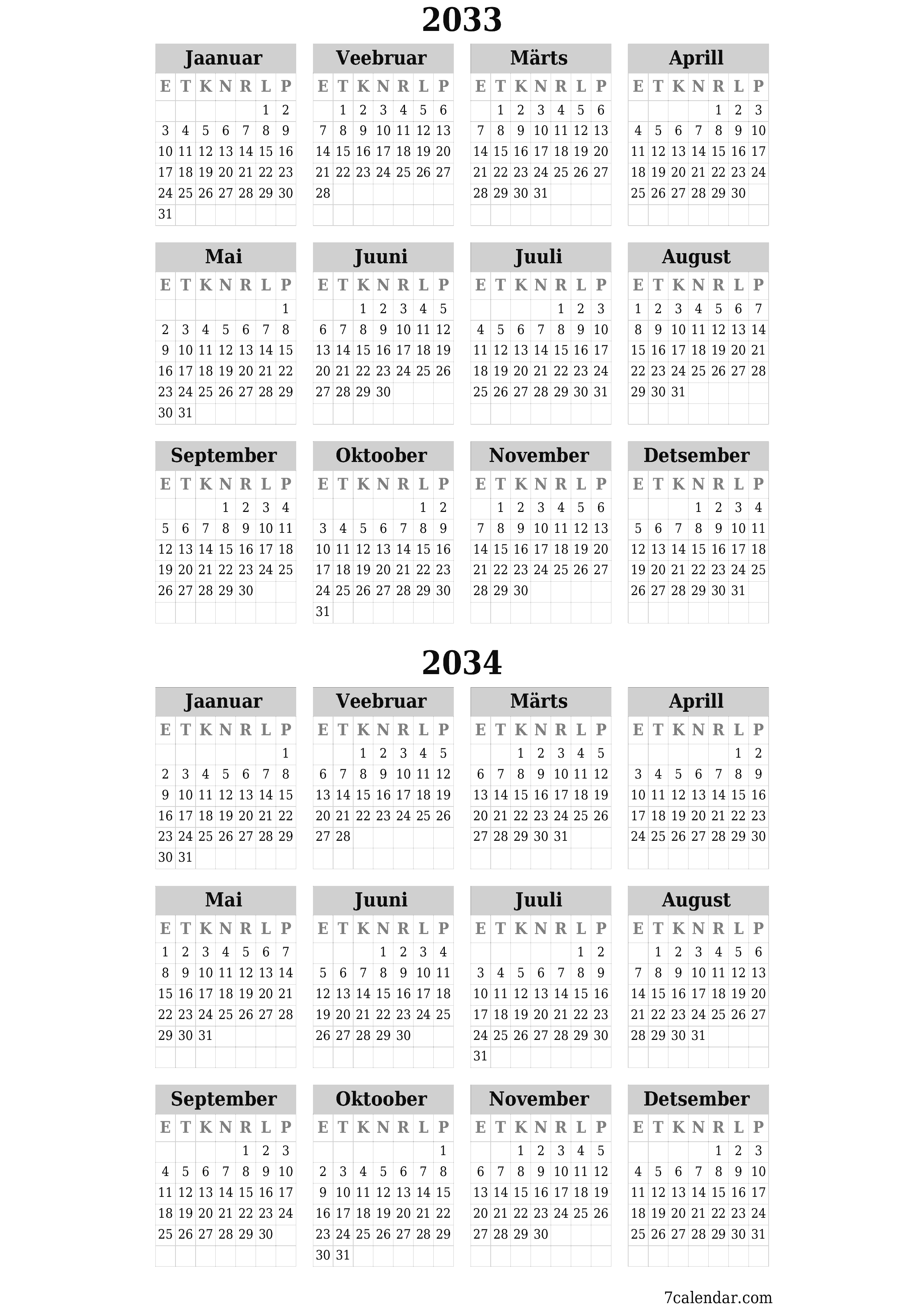 Tühi aasta planeerija kalender aastaks 2033, 2034 koos märkmetega, salvestage ja printige PDF-i PNG Estonian