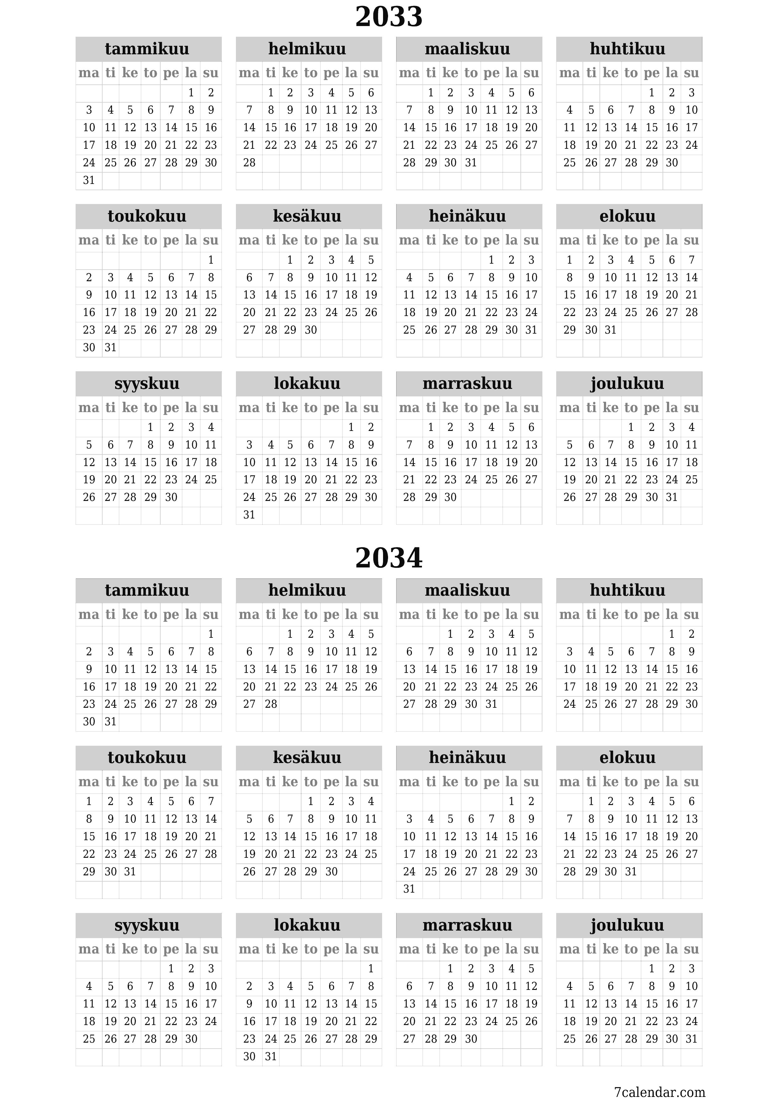 tulostettava seinä n malli ilmainen pystysuora Vuosittain kalenteri Kesäkuu (Kesä) 2033