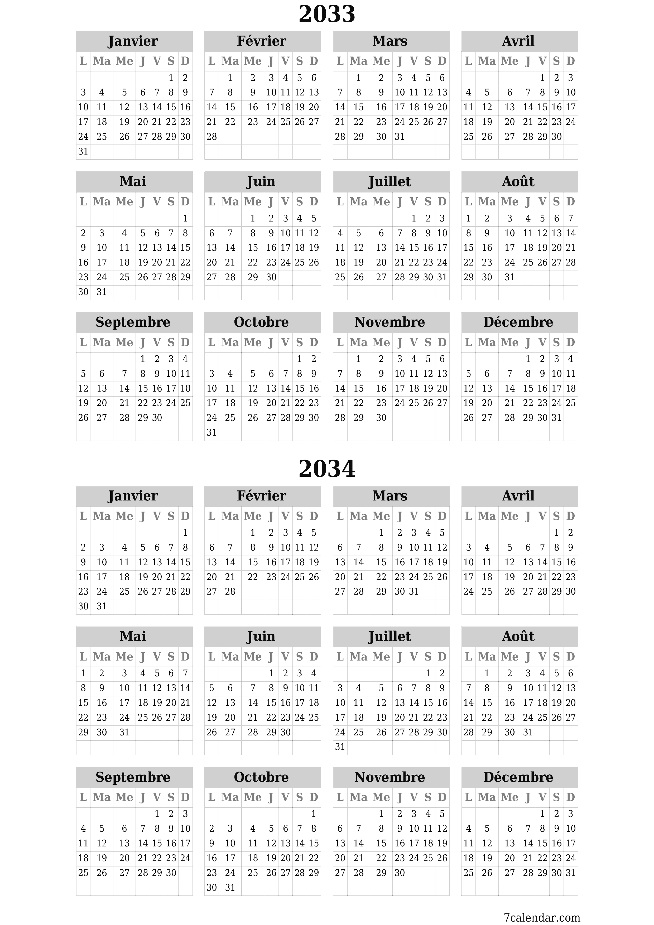  imprimable mural modèle de gratuitverticale Annuel calendrier Juin (Jui) 2033